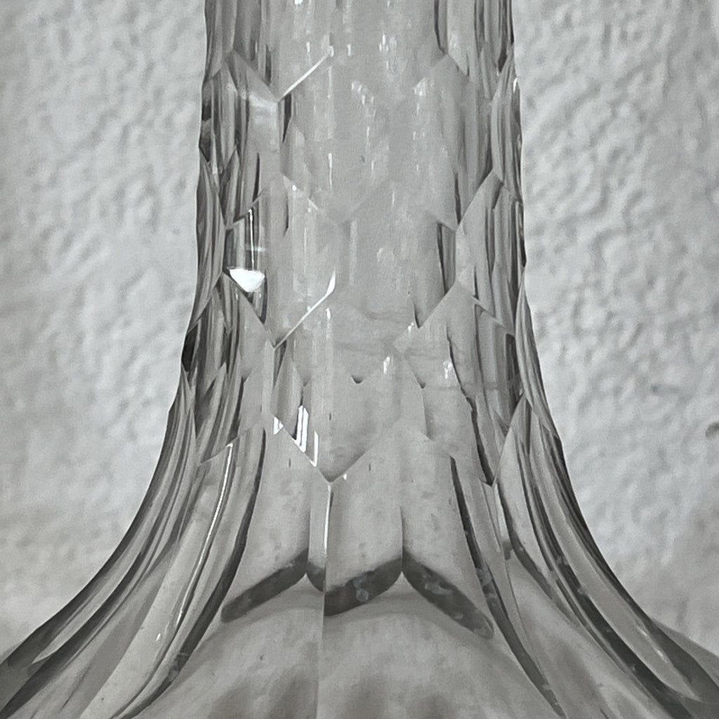 Vintage Cut Glass Decanter Pair Globe Shape Etched Oval Pattern Stoppers