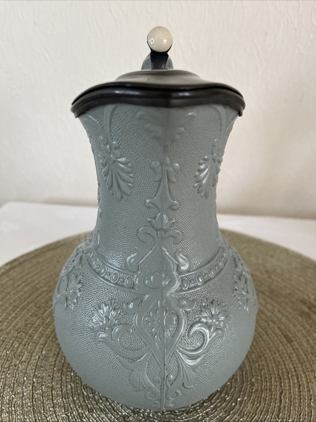 Victorian Stoneware Jug Thompsons Patent Pewter Lid Floral Relief
