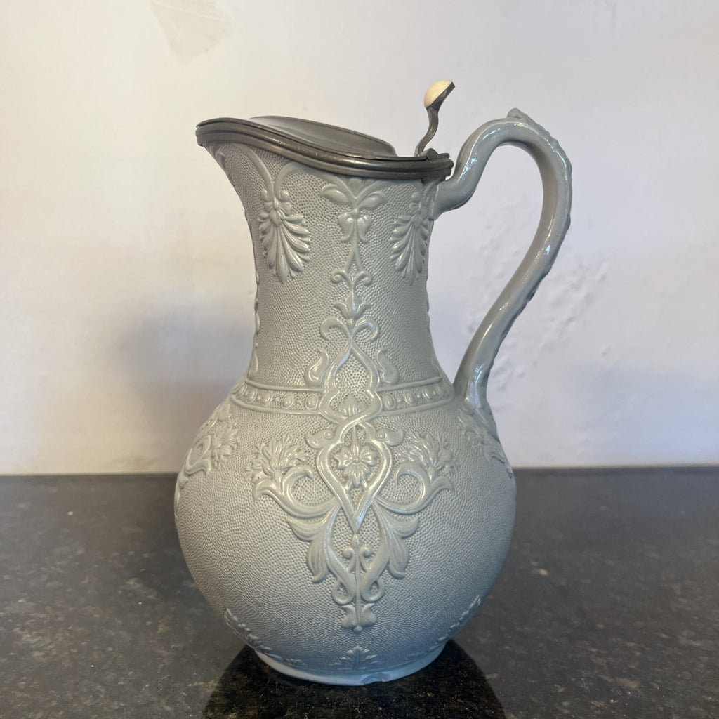 Victorian Stoneware Jug Thompsons Patent Pewter Lid Floral Relief