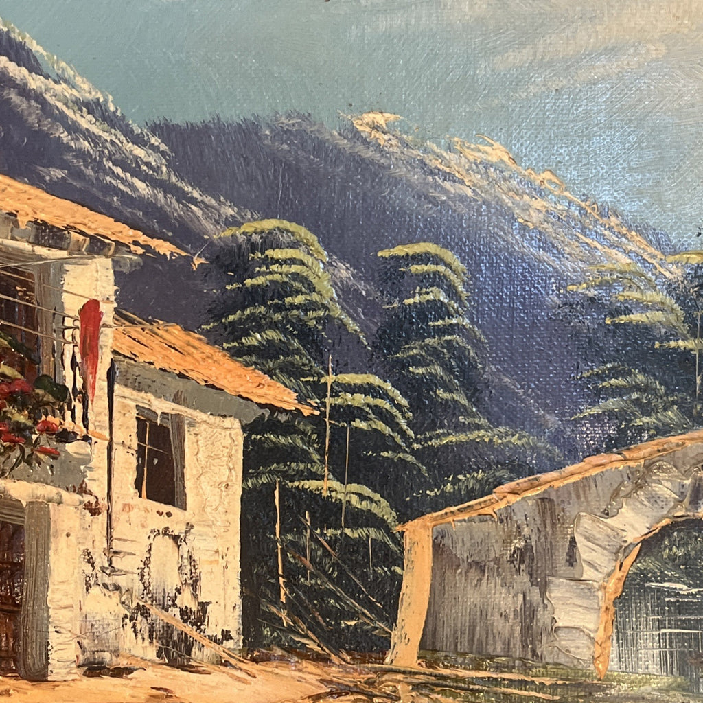 Spanish Village Oil Painting Signed Camps Framed Mountain Bridge Scene