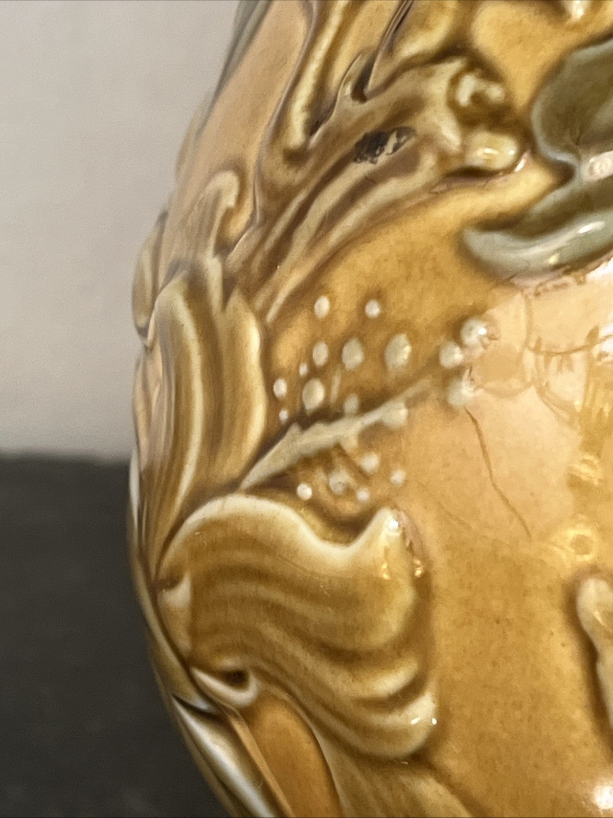 Lladro Relief Bird Vase Honey Glaze Spanish Ceramic Floral Foliage