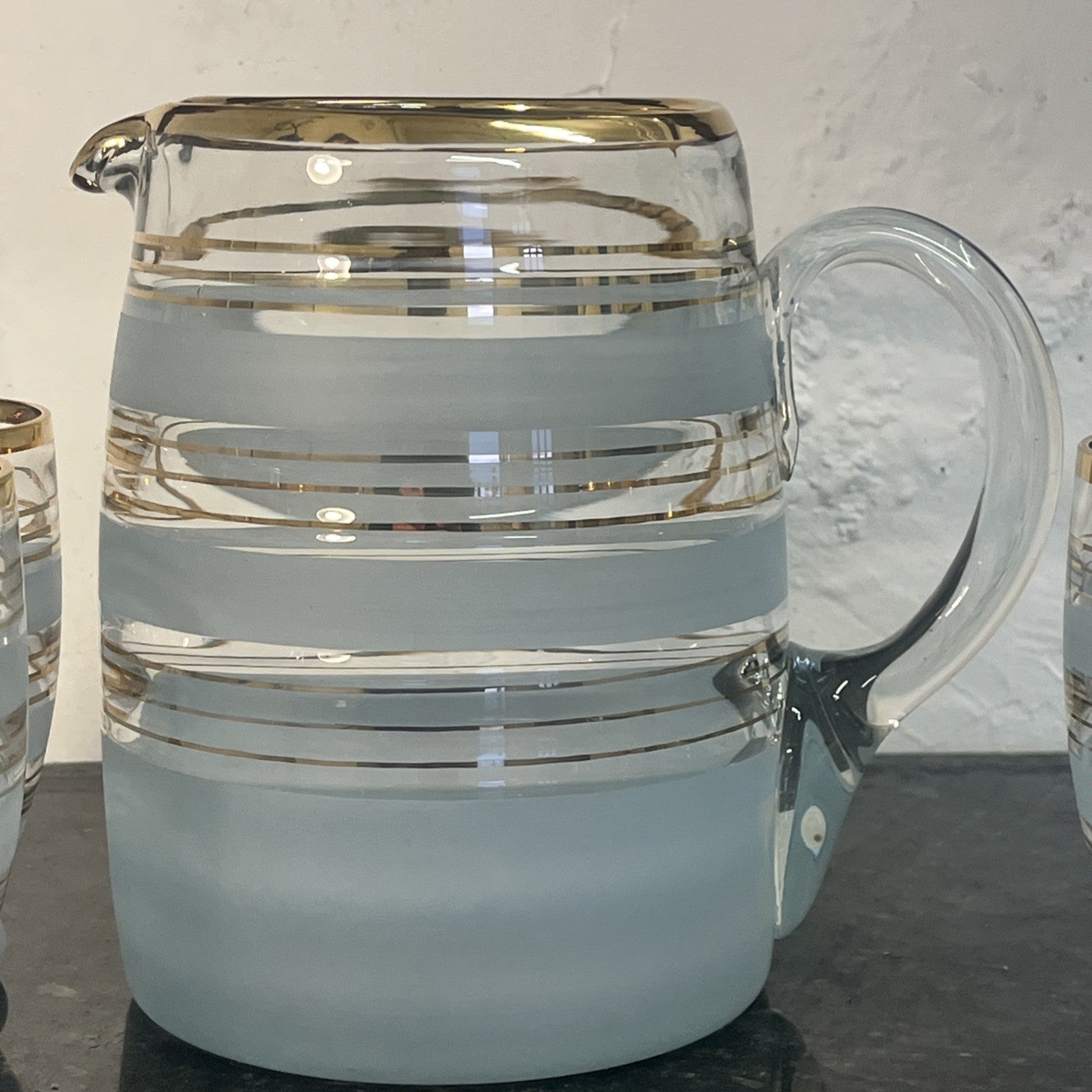 Vintage Mid Century Frosted Glass Jug and 5 Tumblers Gilt Bands