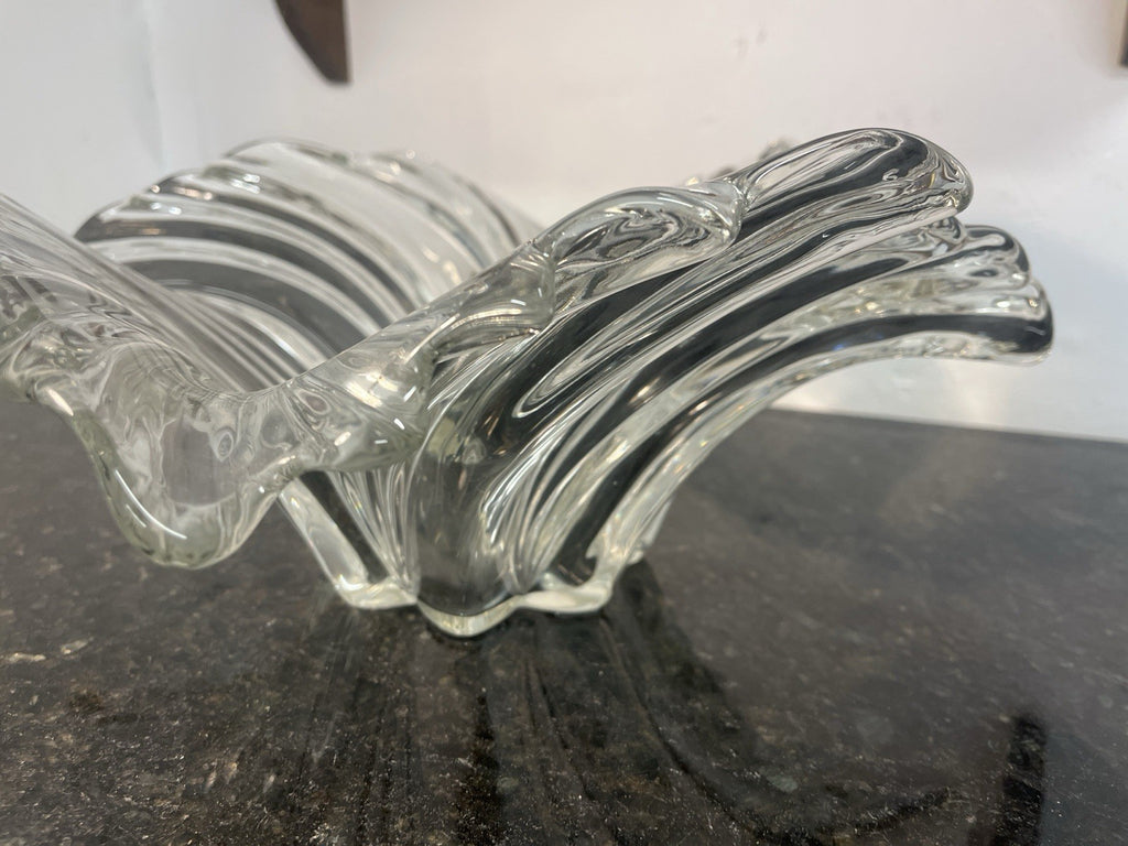 Sculptural Art Glass Bowl Clear Ribbed Centrepiece Mikasa Style