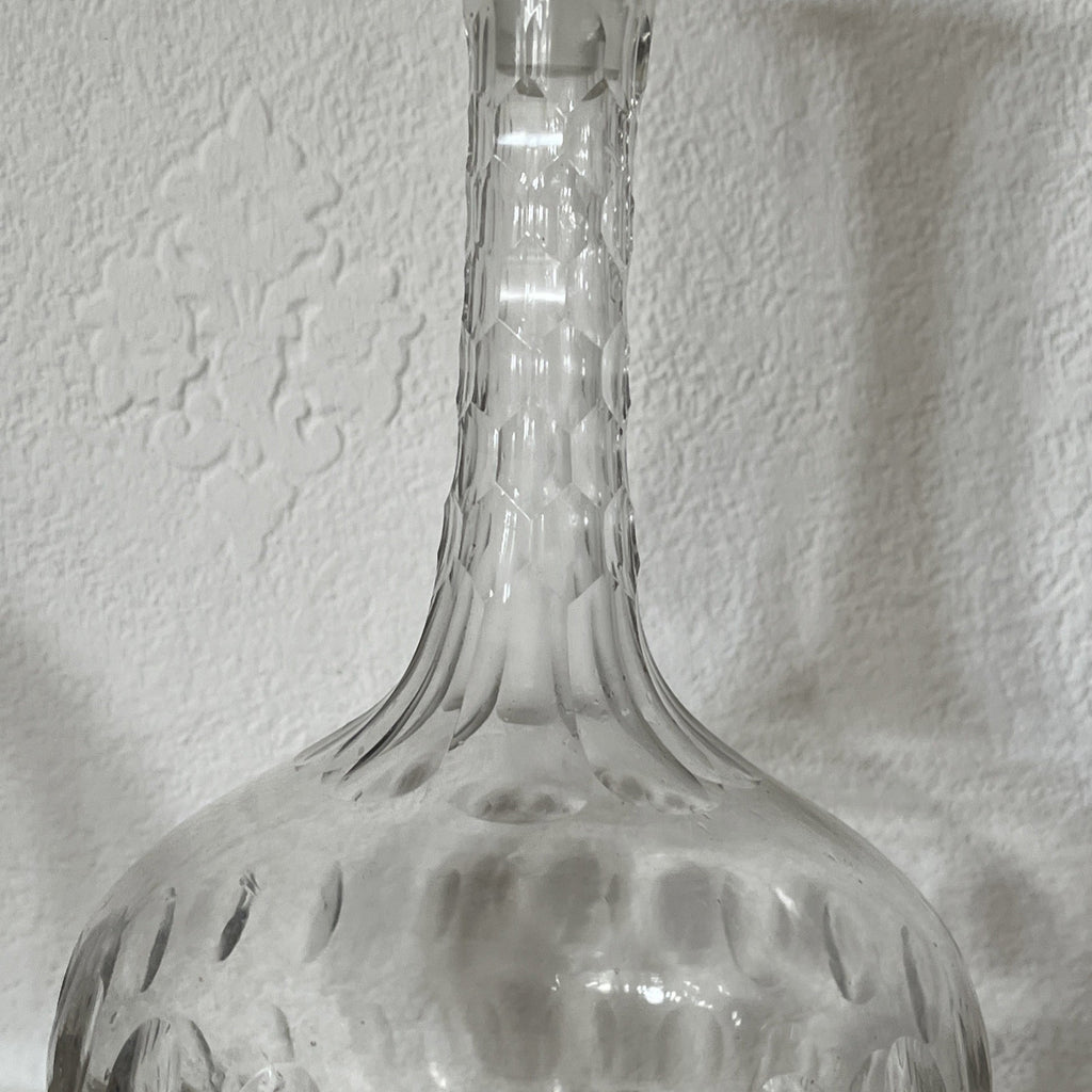 Vintage Cut Glass Decanter Pair Globe Shape Etched Oval Pattern Stoppers