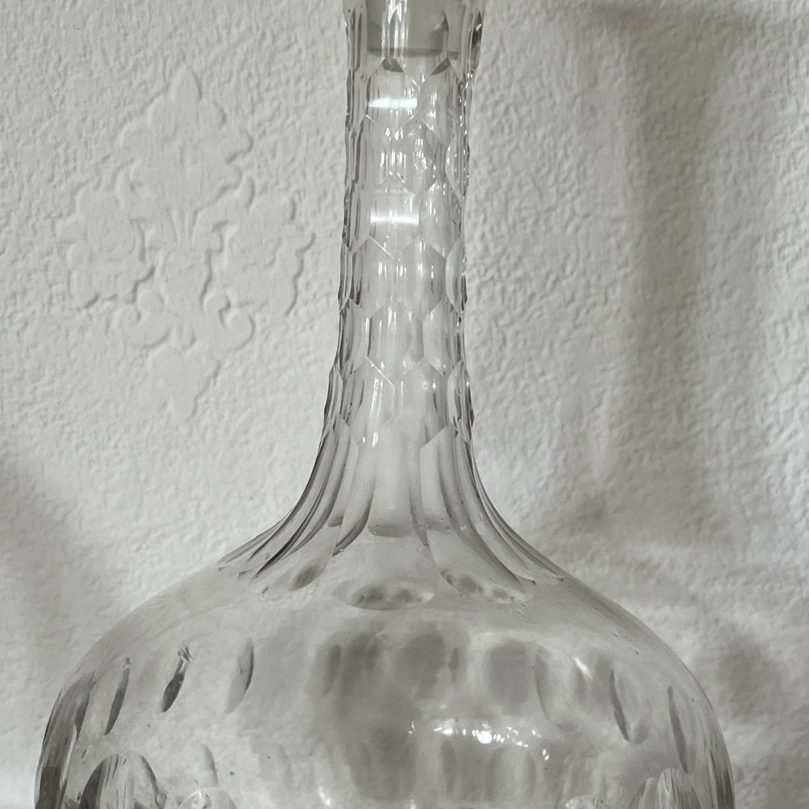 Vintage Cut Glass Decanter Pair Globe Shape Etched Oval Pattern Stoppers