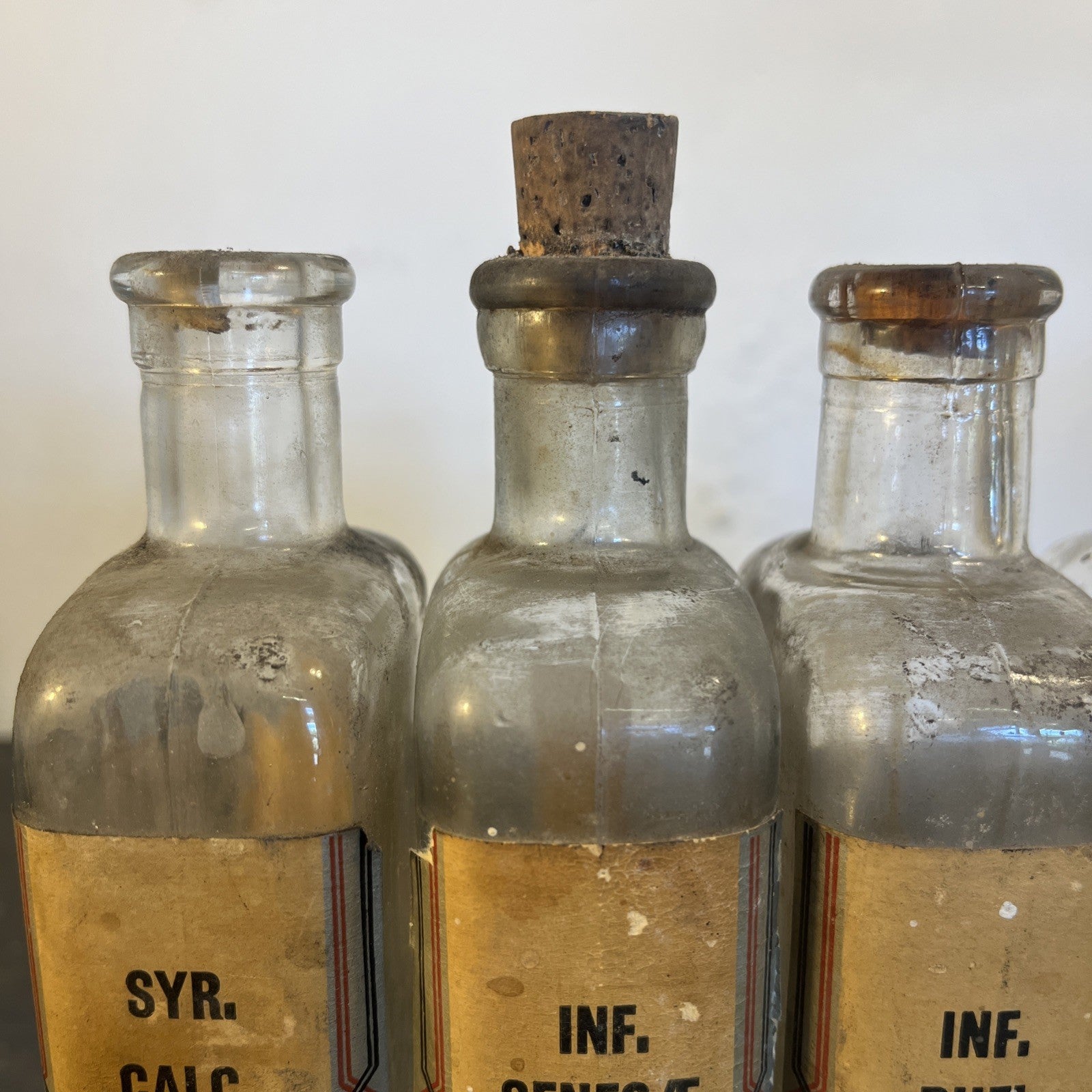 Antique Chemist Bottles Apothecary Pharmacy Labels Glass Set of 4 B.P.