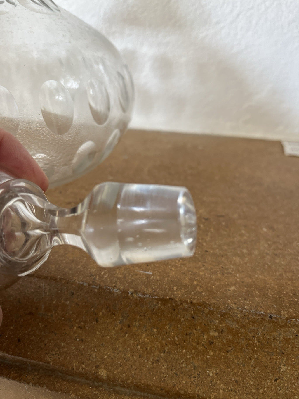 Vintage Cut Glass Decanter Pair Globe Shape Etched Oval Pattern Stoppers