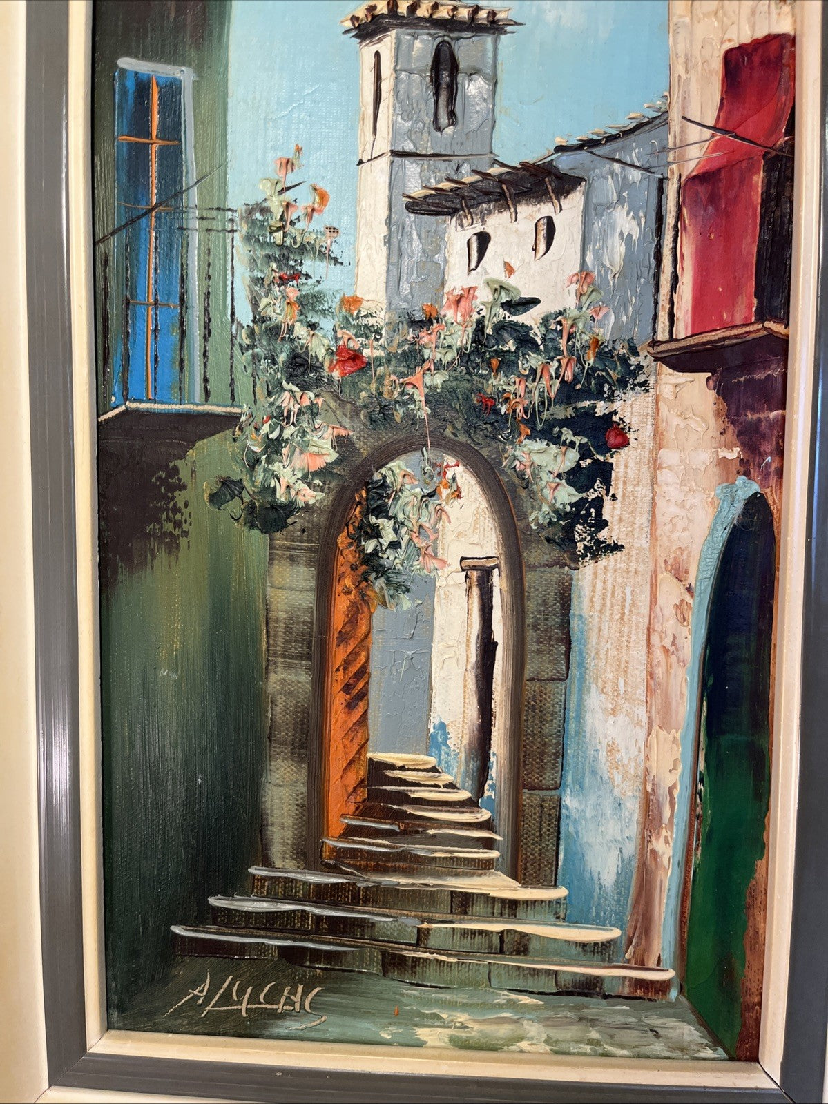 A Lucas Venetian Town View Oil Painting Framed Mid Century Street Scene