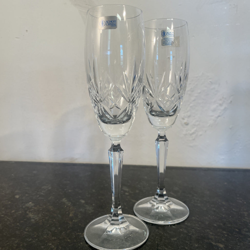 Schott Crystal Champagne Flutes Pair German Cut Crystal Glasses Germany