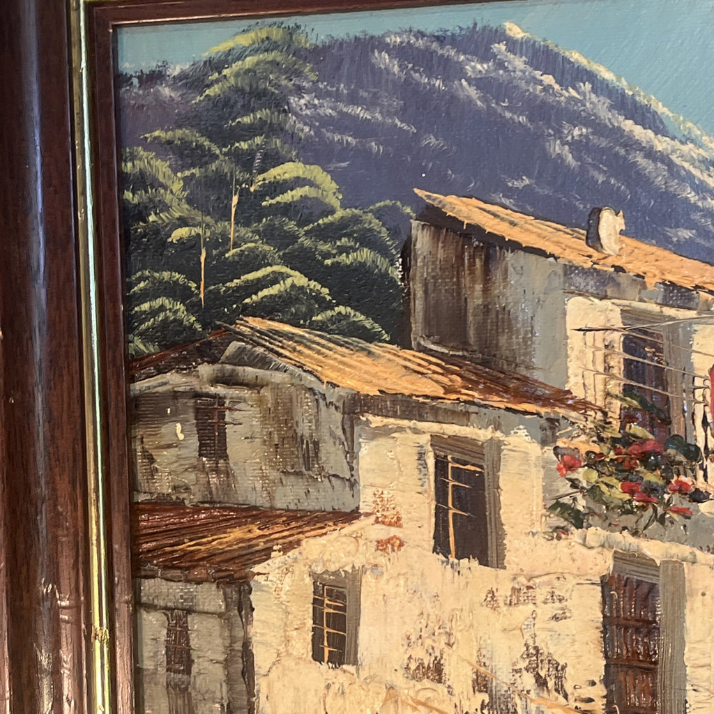Spanish Village Oil Painting Signed Camps Framed Mountain Bridge Scene