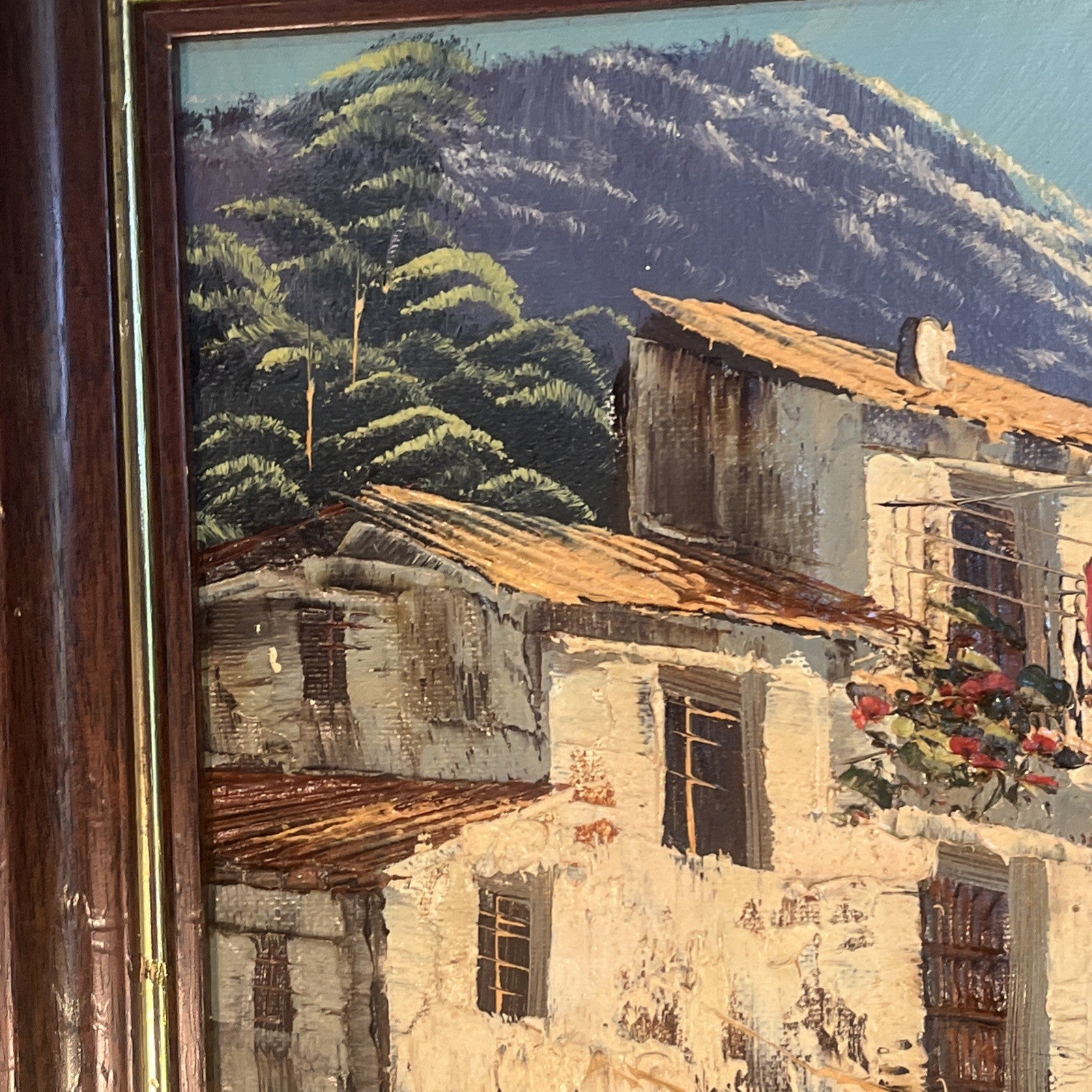 Spanish Village Oil Painting Signed Camps Framed Mountain Bridge Scene