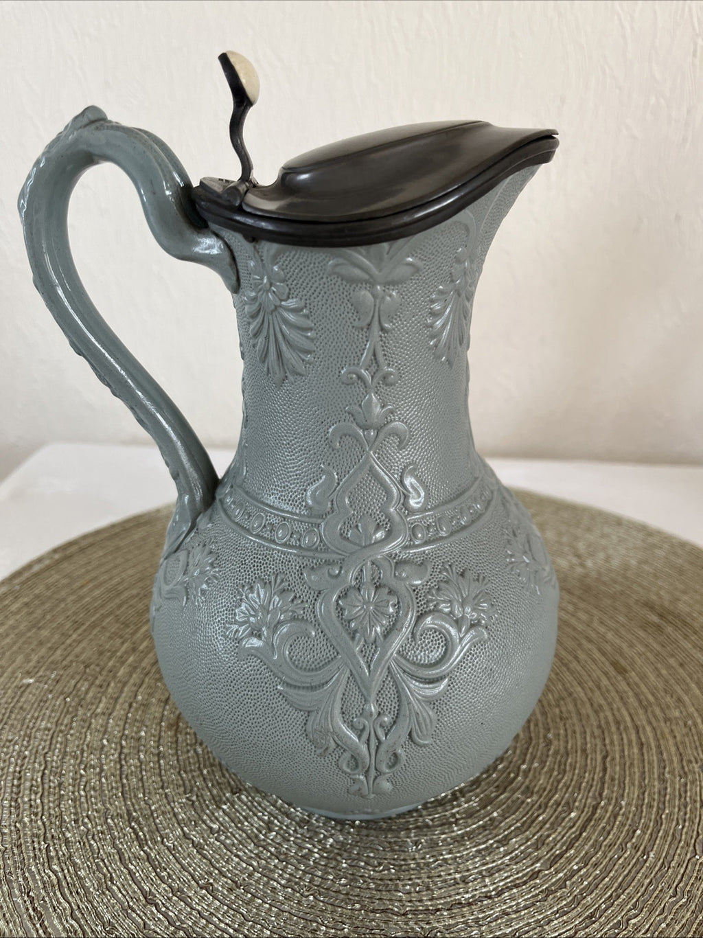 Victorian Stoneware Jug Thompsons Patent Pewter Lid Floral Relief