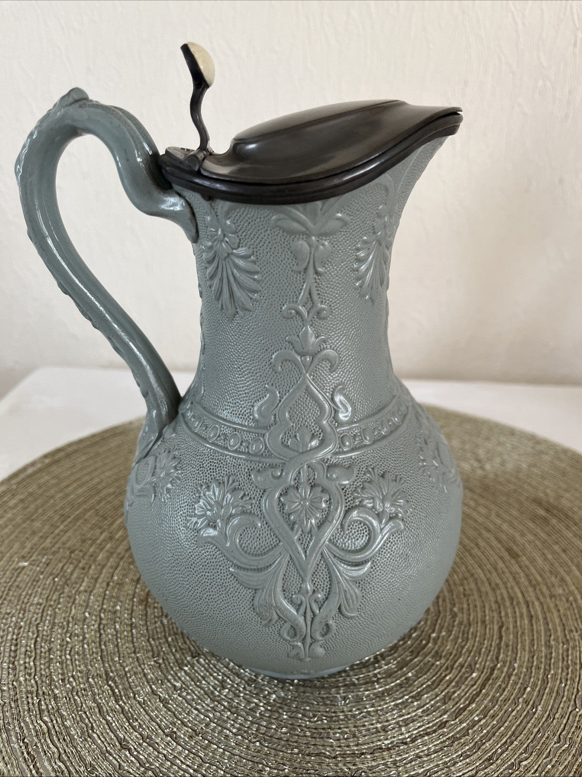 Victorian Stoneware Jug Thompsons Patent Pewter Lid Floral Relief