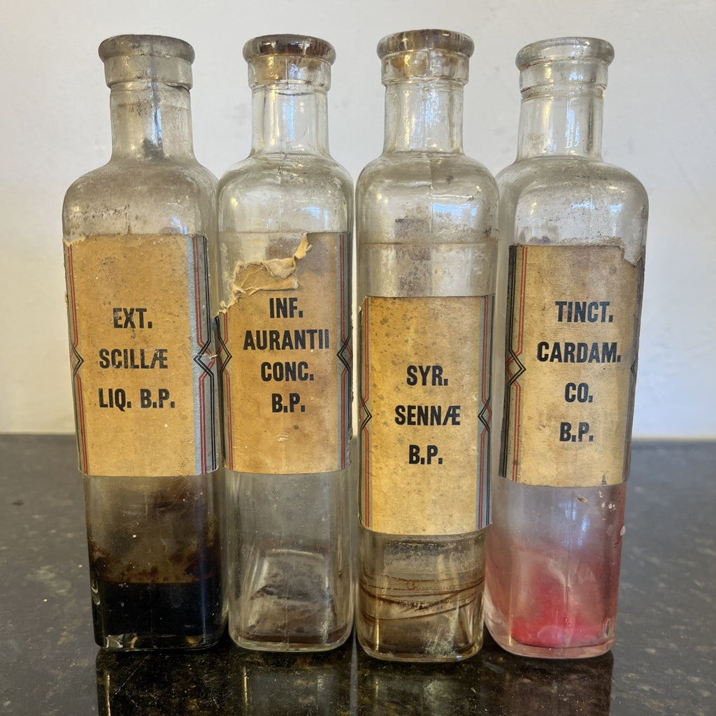 Antique Chemist Bottles Apothecary Pharmacy Labels Glass Set of 4 B.P.