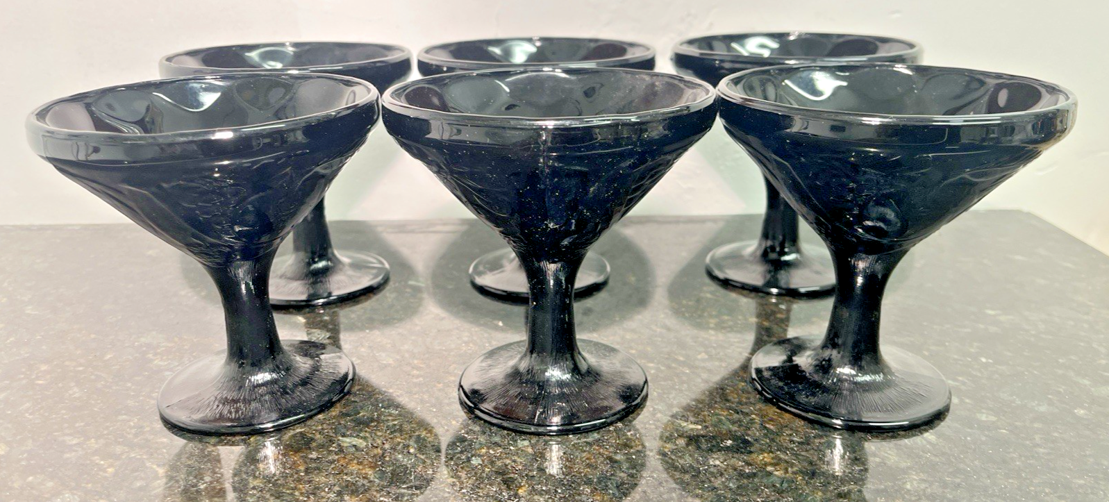 Black Glass Dessert Coupes Set 6 Vintage Footed Ice Cream Glasses