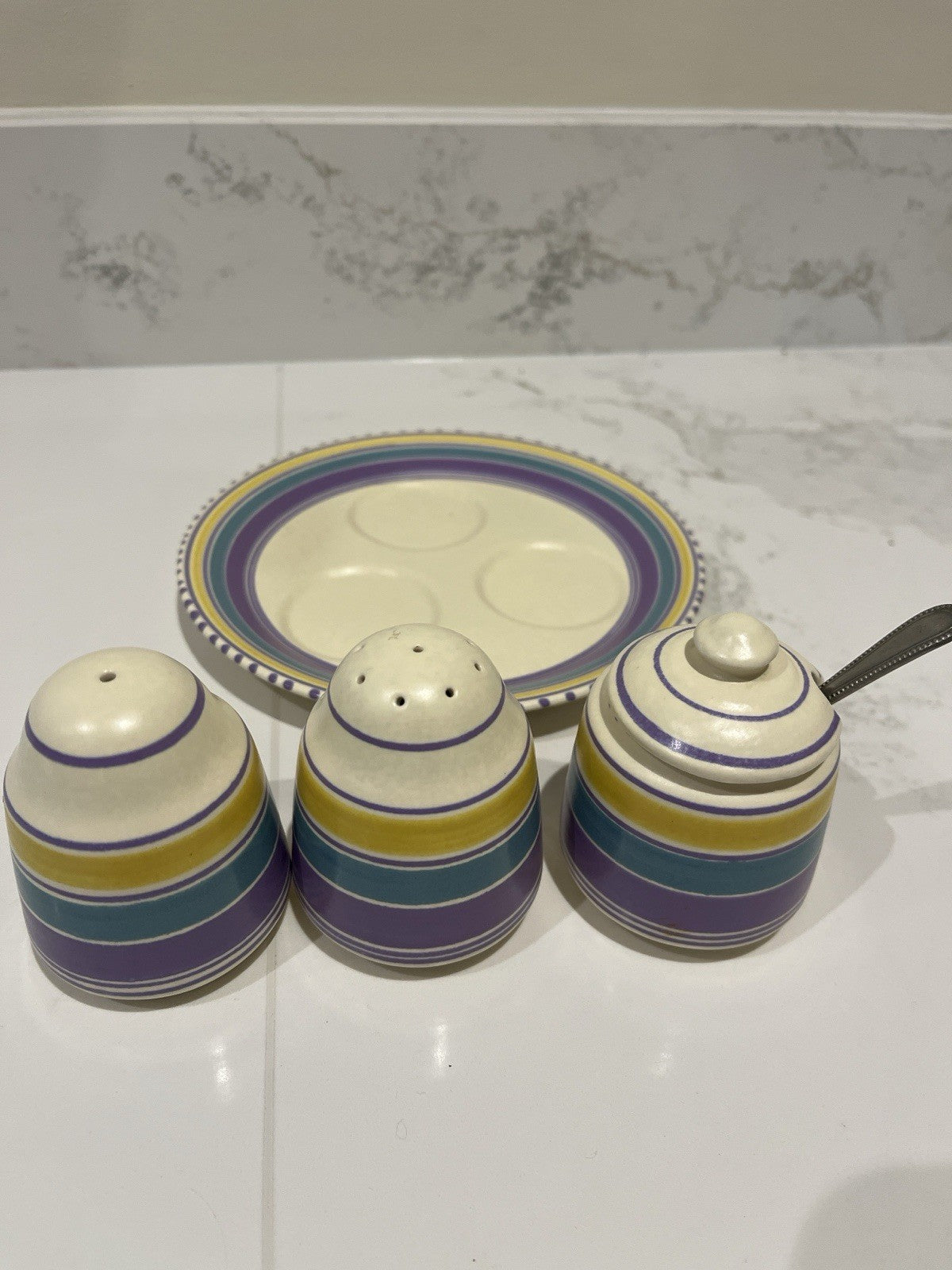 Honiton Devon Pottery Cruet Set Retro Striped Condiment Tray