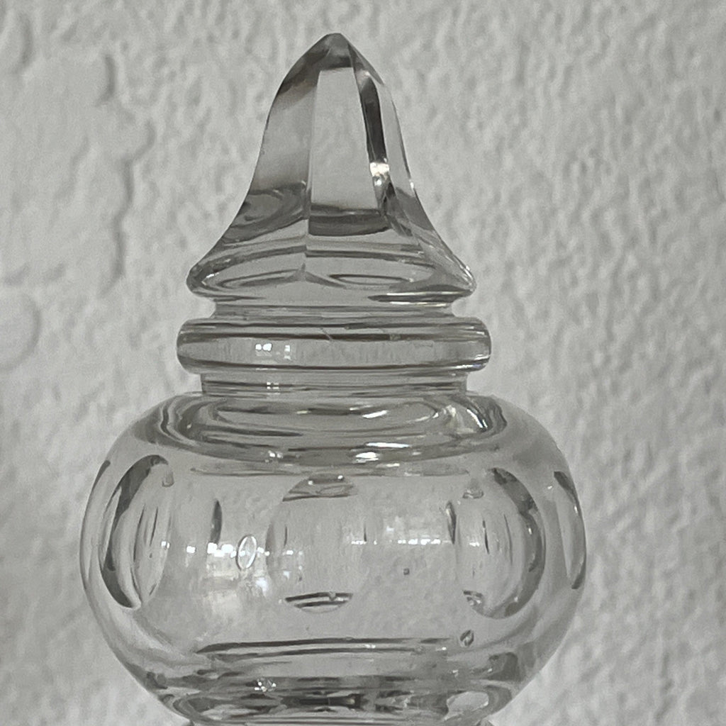 Vintage Cut Glass Decanter Pair Globe Shape Etched Oval Pattern Stoppers