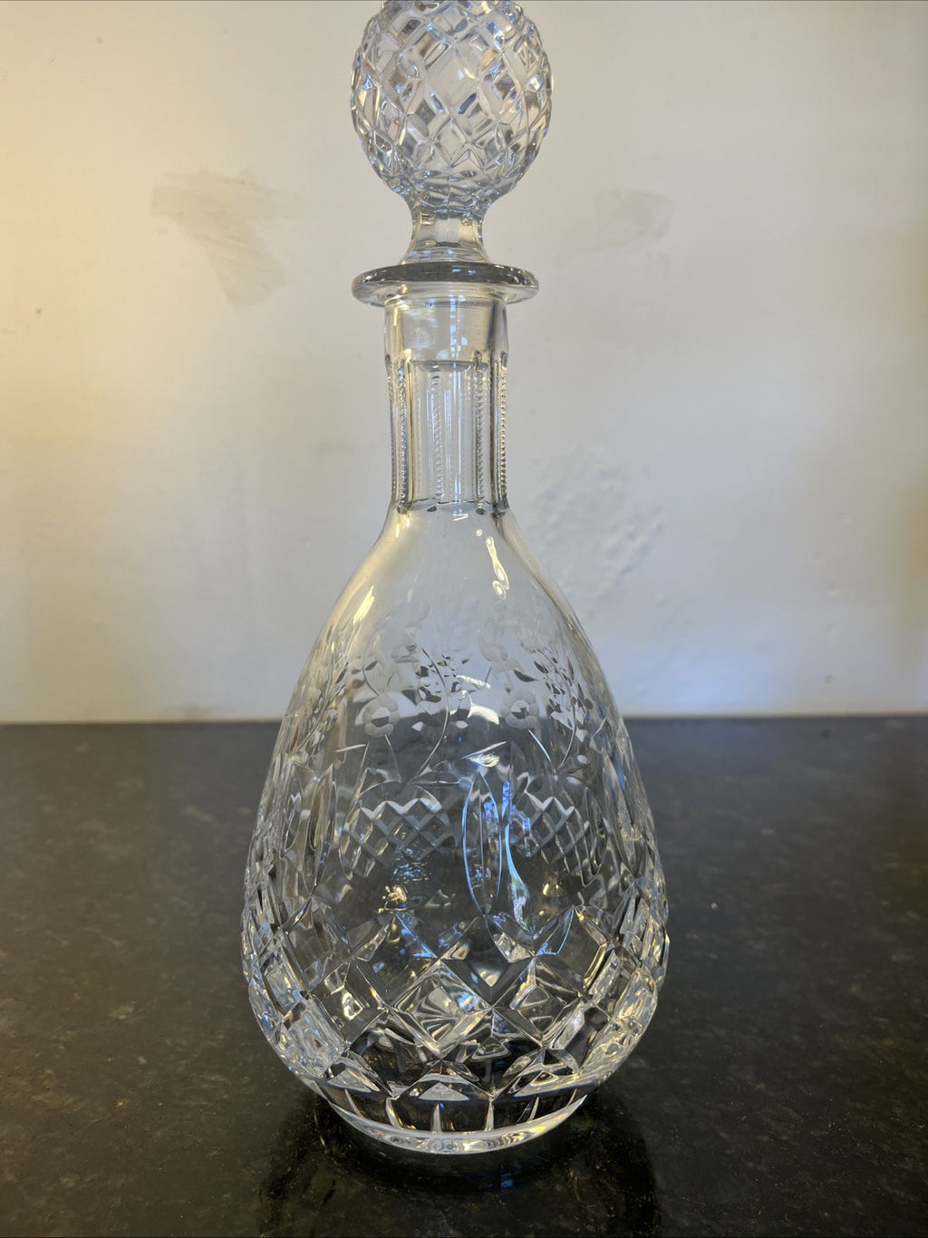 Rogaska Gallia Crystal Wine Decanter Diamond Cut Etched Floral Stopper Slovenia