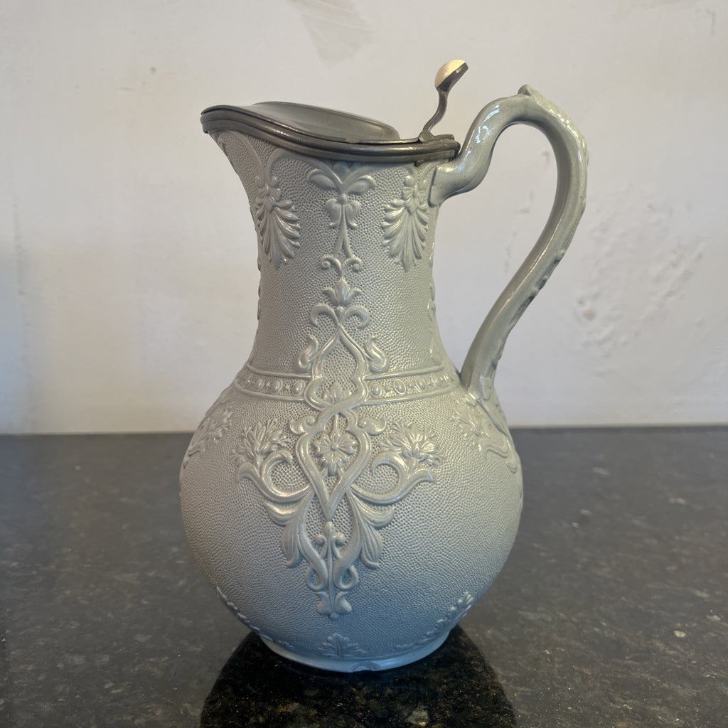 Victorian Stoneware Jug Thompsons Patent Pewter Lid Floral Relief