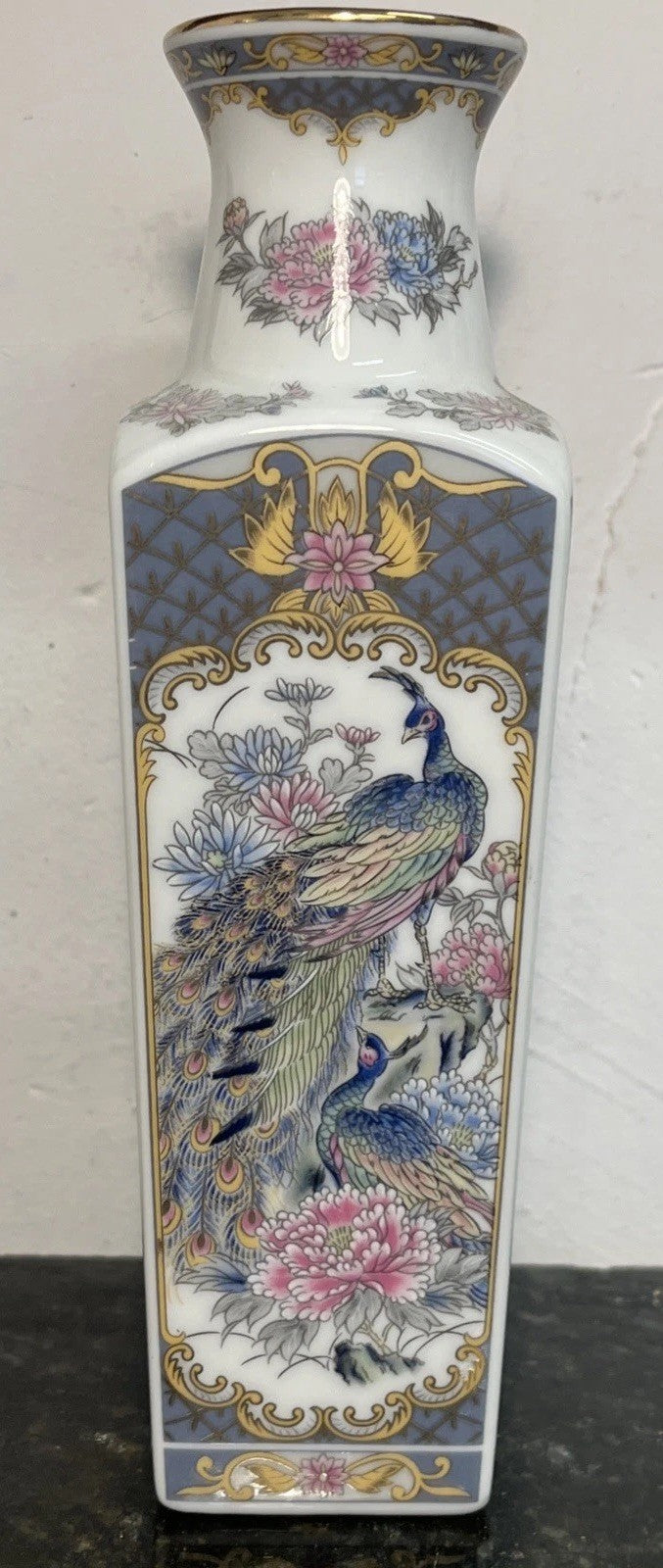 Japanese Peacock Decorative Porcelain Square Vase Blue Gold Floral 20th Century