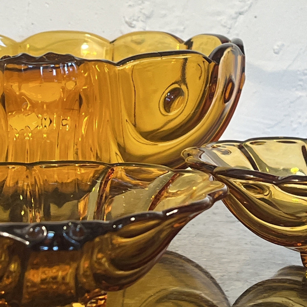 Bohemian Amber Glass Bowl Set Art Deco Czech Glass Vintage