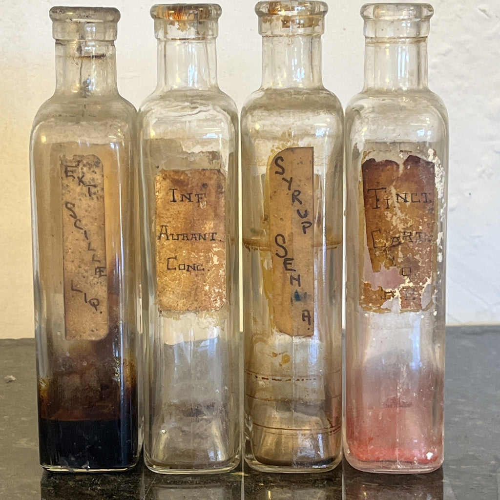 Antique Chemist Bottles Apothecary Pharmacy Labels Glass Set of 4 B.P.