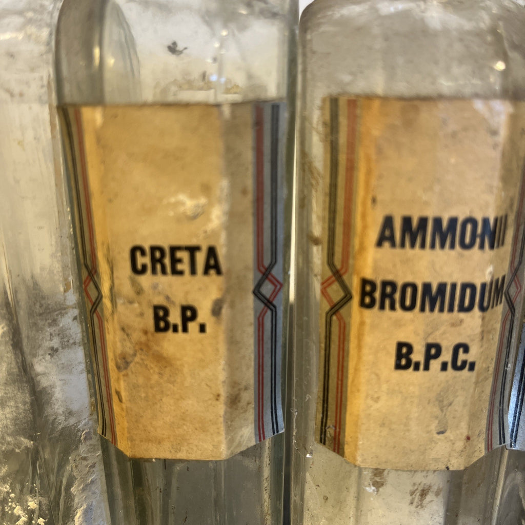 Antique Chemist Bottles Apothecary Pharmacy Labels Glass Set of 8 B.P.