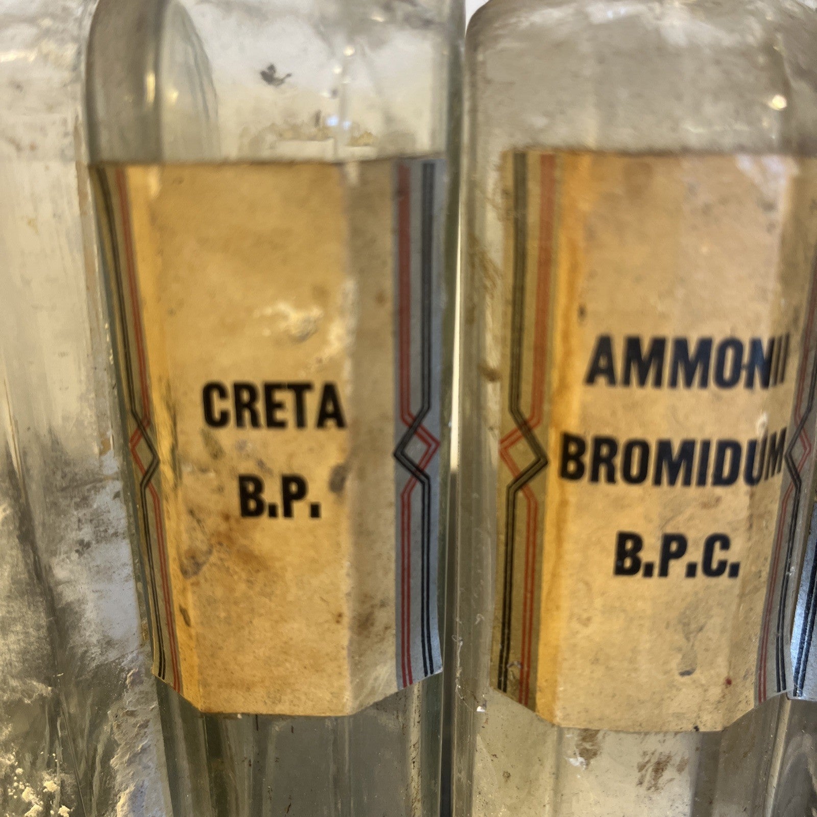 Antique Chemist Bottles Apothecary Pharmacy Labels Glass Set of 8 B.P.