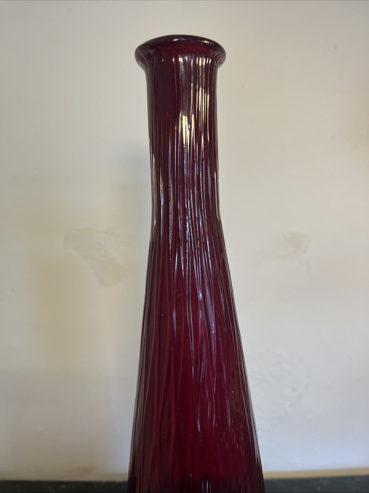 Empoli Ruby Red Genie Bottle Vase Italian Art Glass MCM Ribbed Decanter 46cm