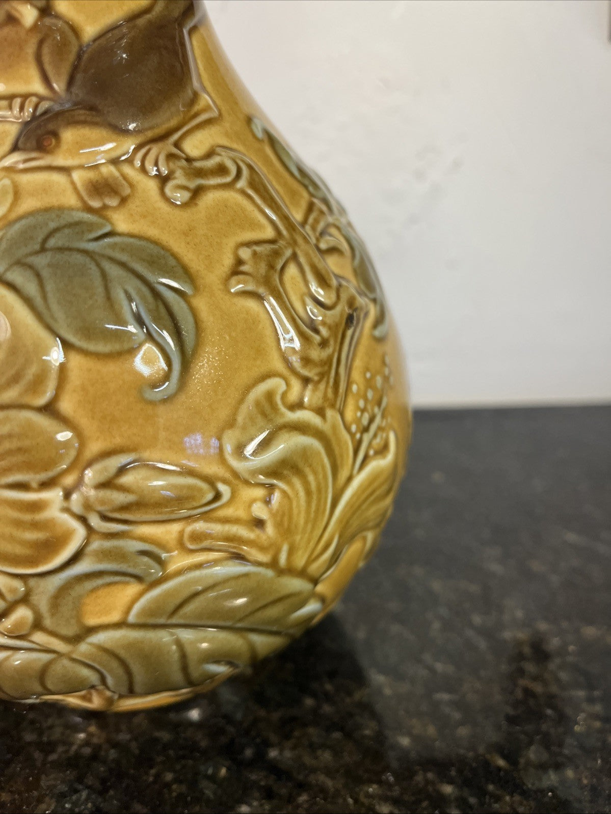 Lladro Relief Bird Vase Honey Glaze Spanish Ceramic Floral Foliage