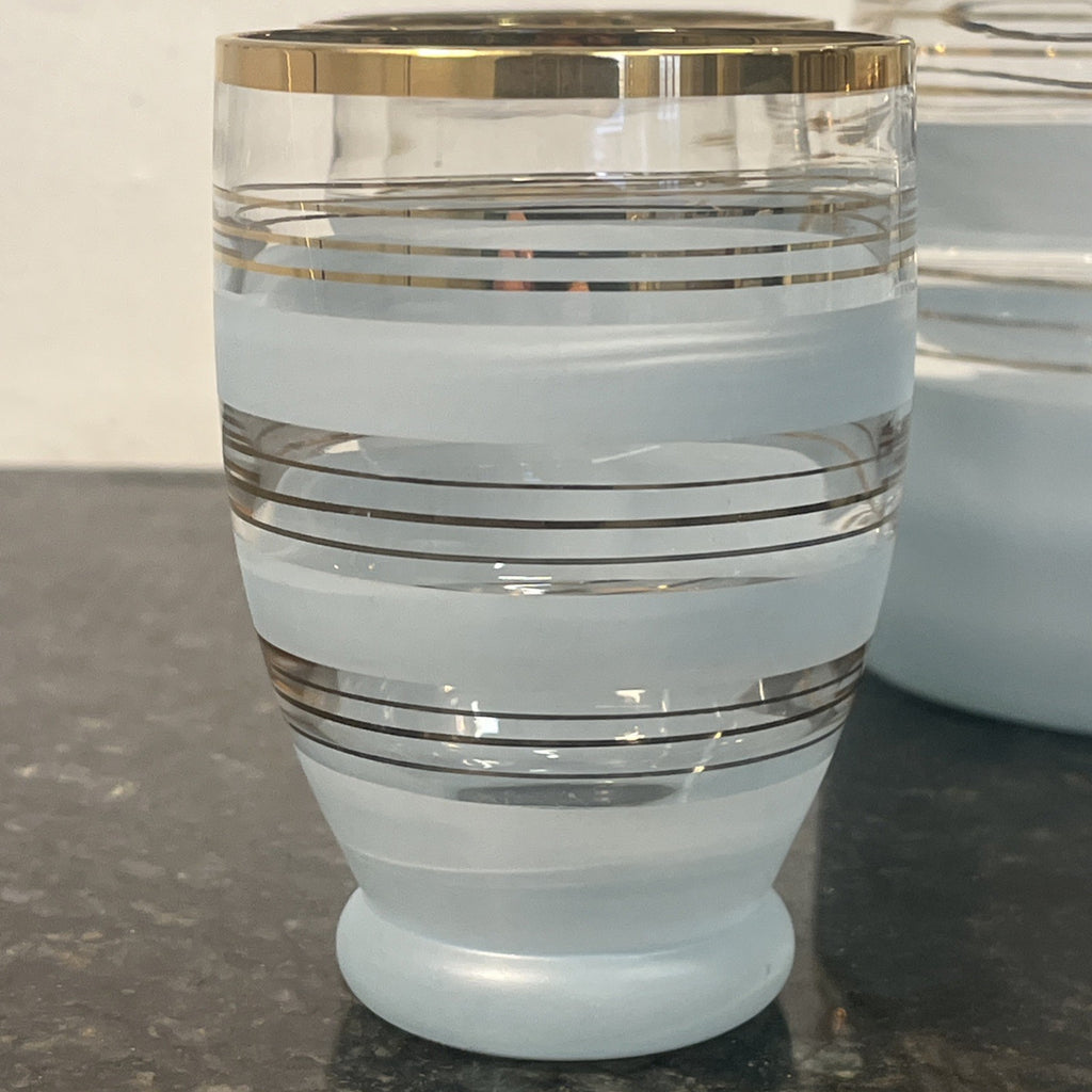 Vintage Mid Century Frosted Glass Jug and 5 Tumblers Gilt Bands