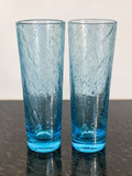 Biot France Blue Bubble Glass Tall Tumblers Pair Signed Hand Blown