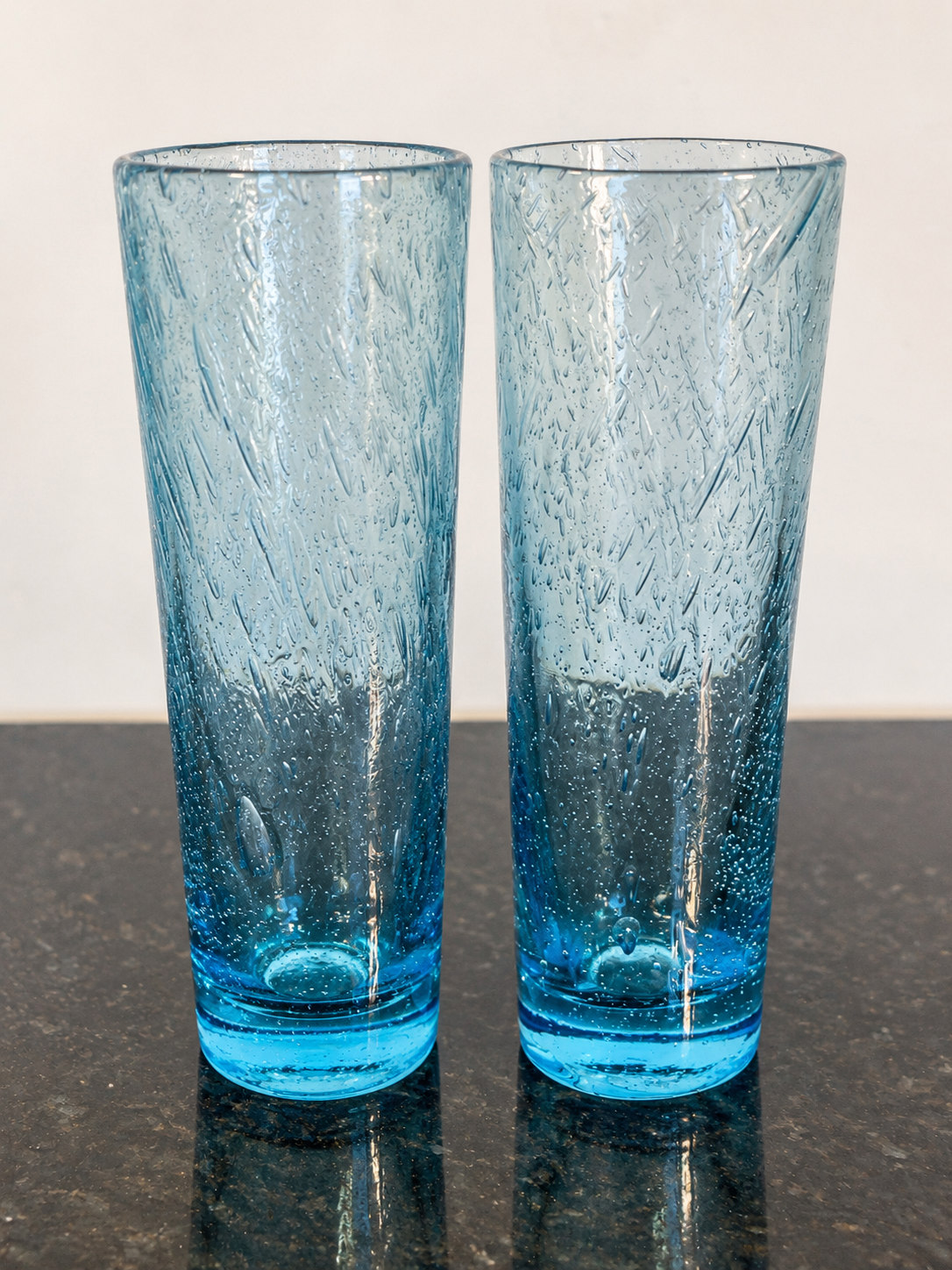 Biot France Blue Bubble Glass Tall Tumblers Pair Signed Hand Blown