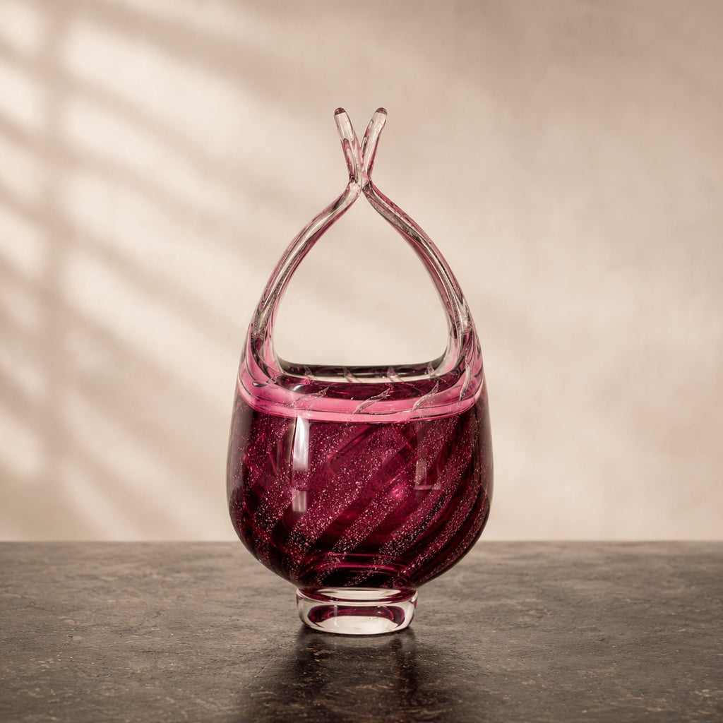 Czech Art Glass Basket Josef Hospodka Chřibská Cranberry Controlled Bubble Vase