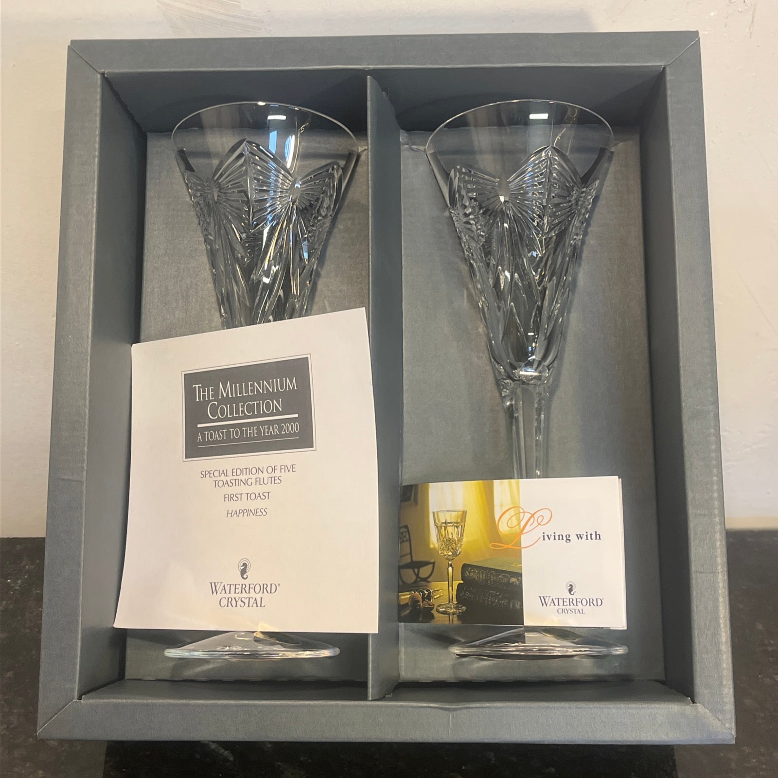 Waterford Crystal Millennium Collection Health Toasting Flutes Boxed Pair