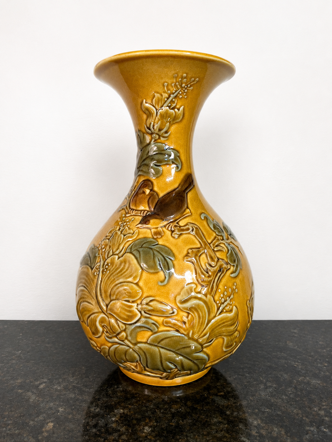 Lladro Relief Bird Vase Honey Glaze Spanish Ceramic Floral Foliage