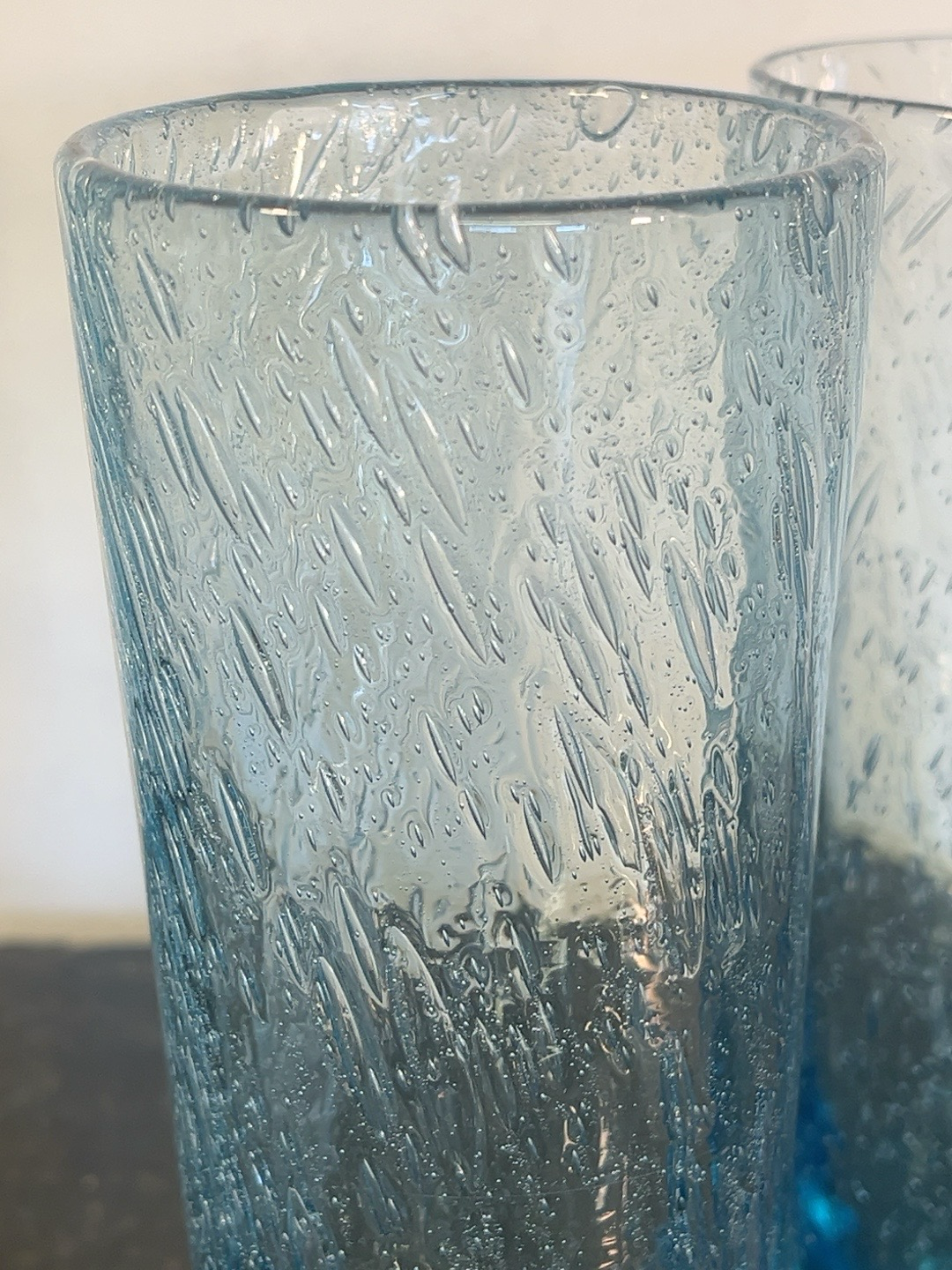 Biot France Blue Bubble Glass Tall Tumblers Pair Signed Hand Blown