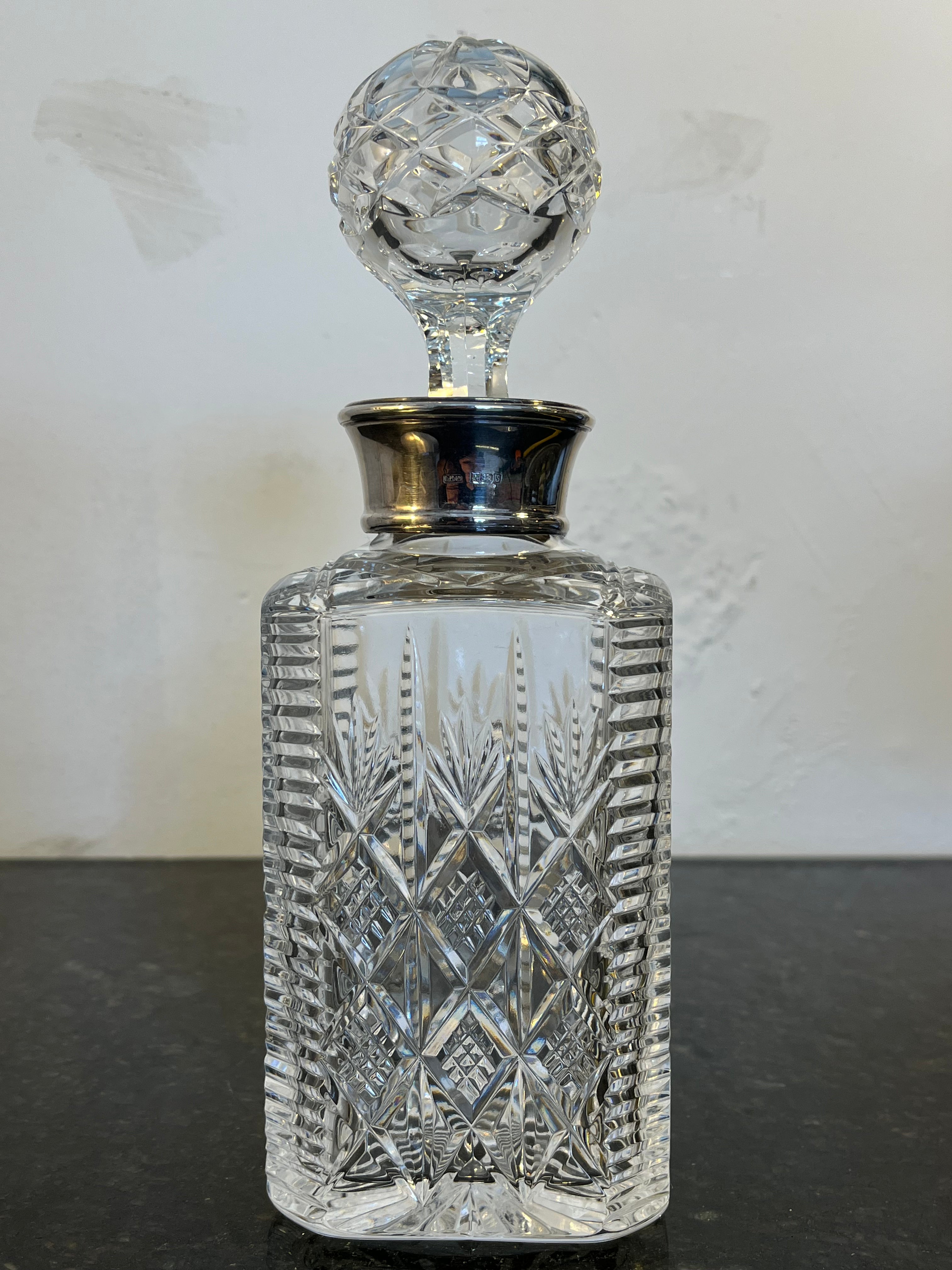 Heavy Cut Crystal Whisky Decanter with Sterling Silver Collar Hallmarked Birmingham 1992