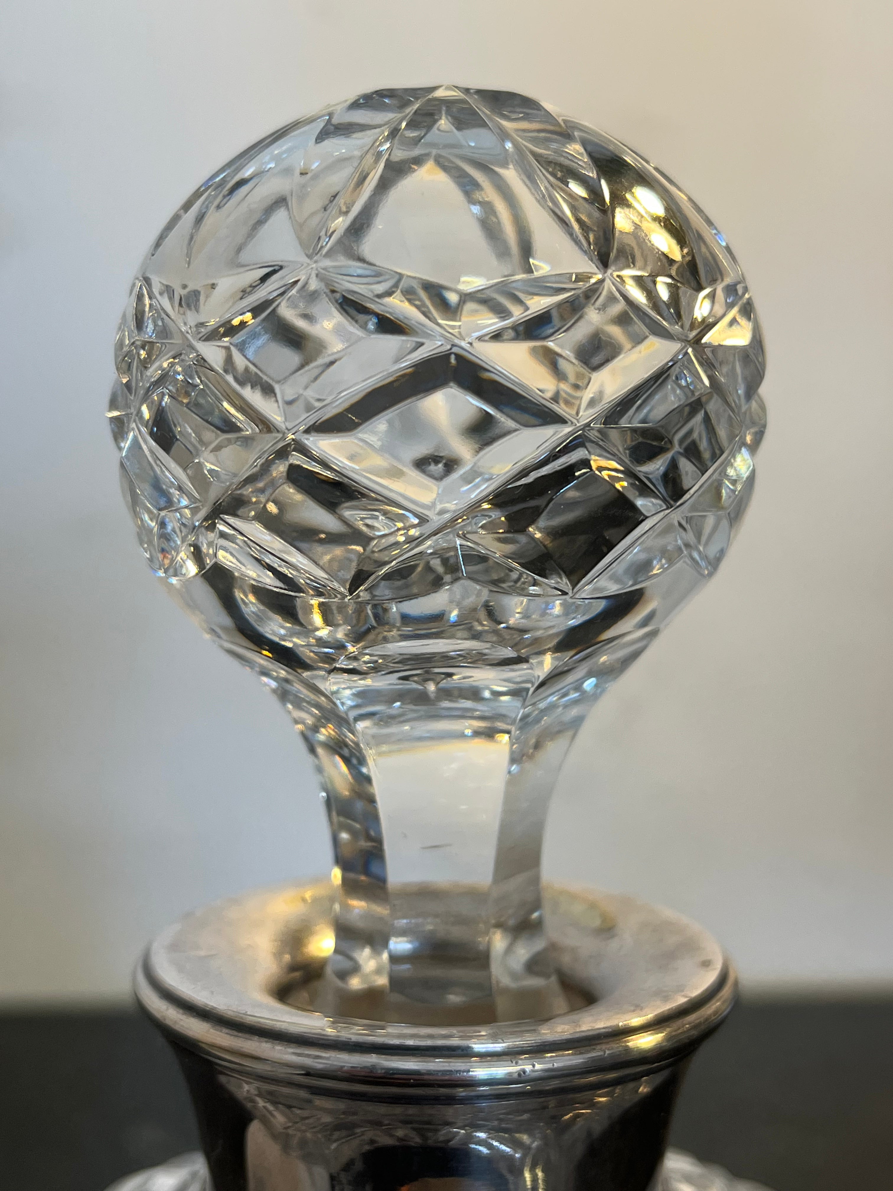 Heavy Cut Crystal Whisky Decanter with Sterling Silver Collar Hallmarked Birmingham 1992