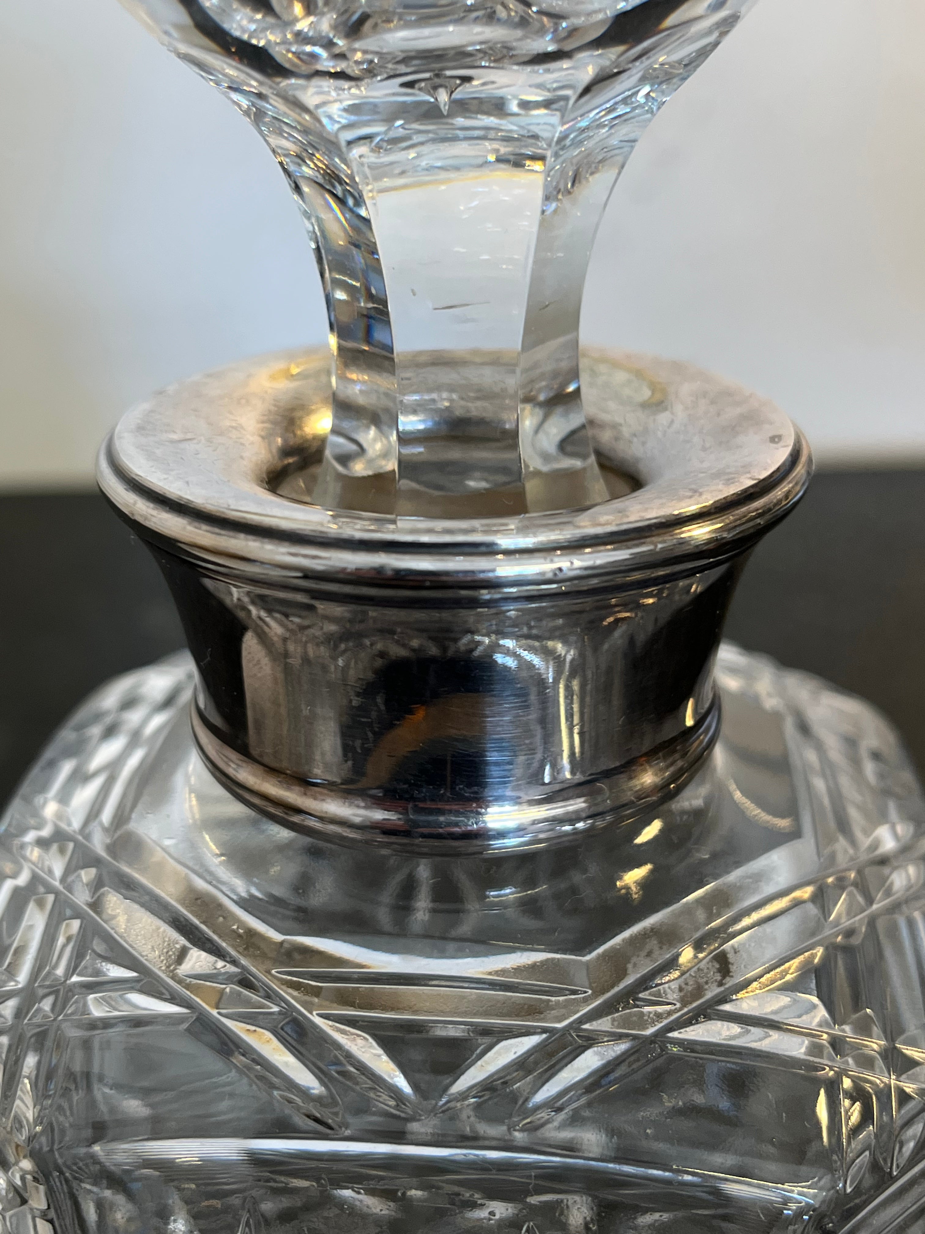 Heavy Cut Crystal Whisky Decanter with Sterling Silver Collar Hallmarked Birmingham 1992