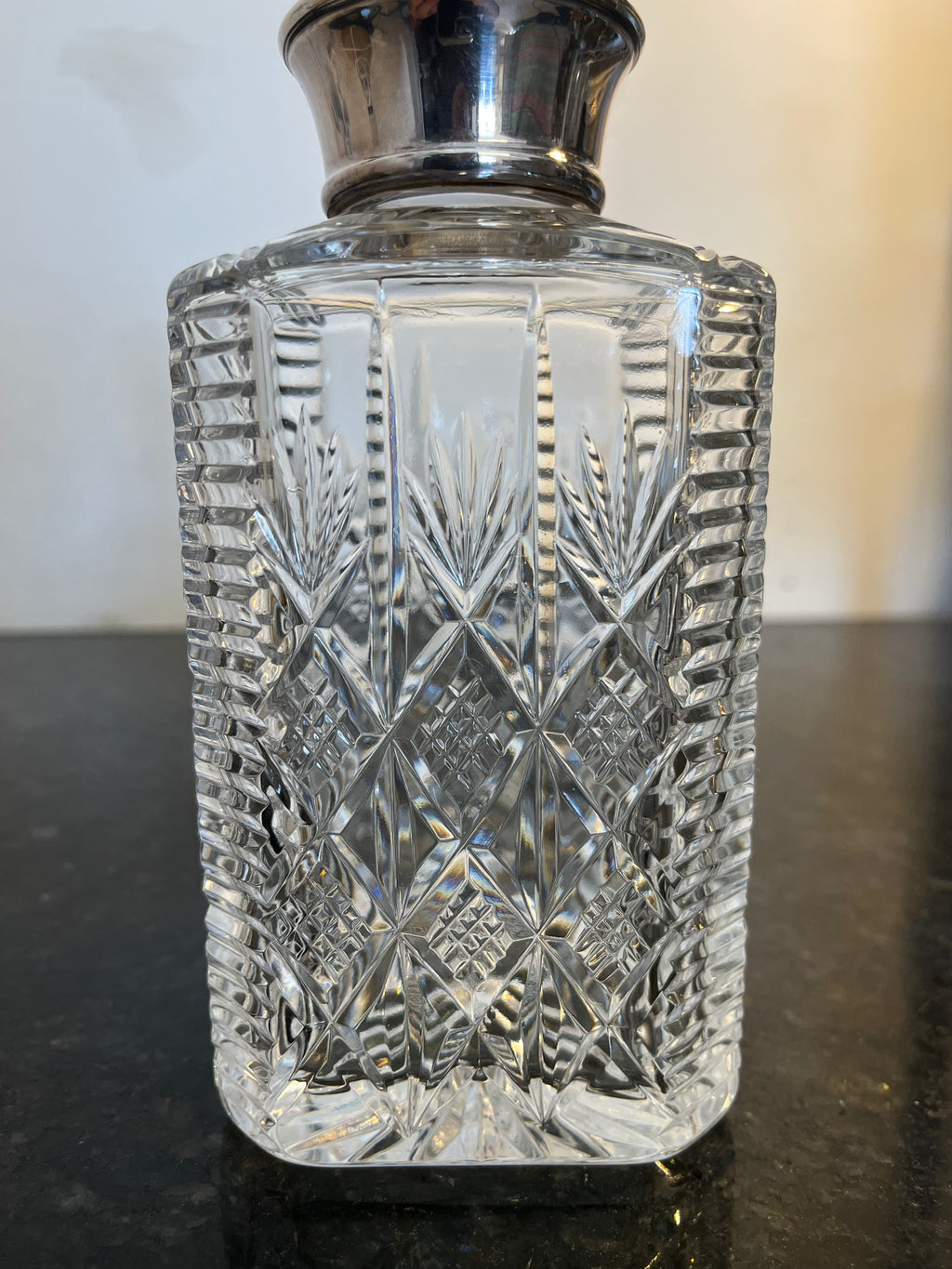 Heavy Cut Crystal Whisky Decanter with Sterling Silver Collar Hallmarked Birmingham 1992