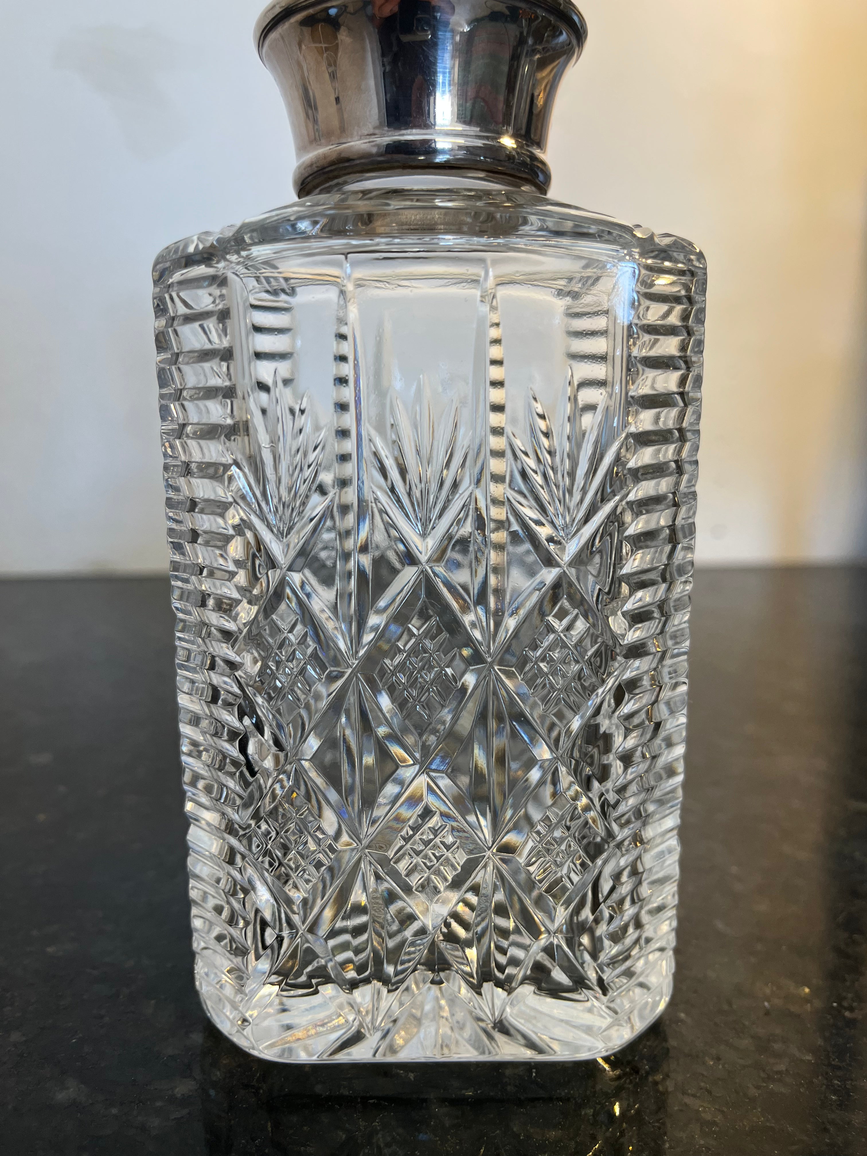Heavy Cut Crystal Whisky Decanter with Sterling Silver Collar Hallmarked Birmingham 1992