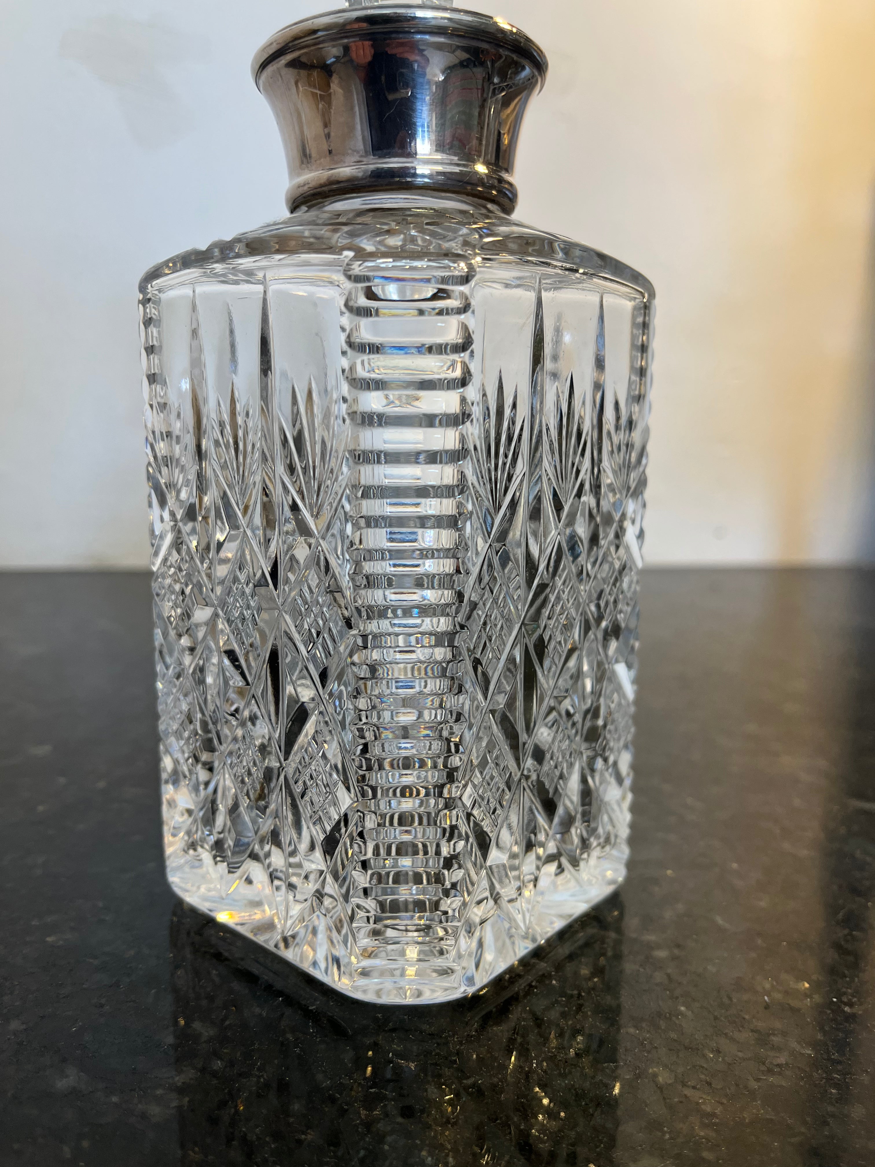 Heavy Cut Crystal Whisky Decanter with Sterling Silver Collar Hallmarked Birmingham 1992