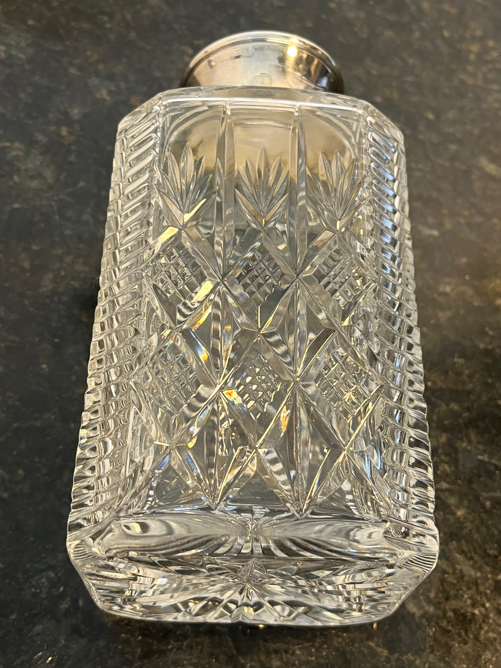 Heavy Cut Crystal Whisky Decanter with Sterling Silver Collar Hallmarked Birmingham 1992