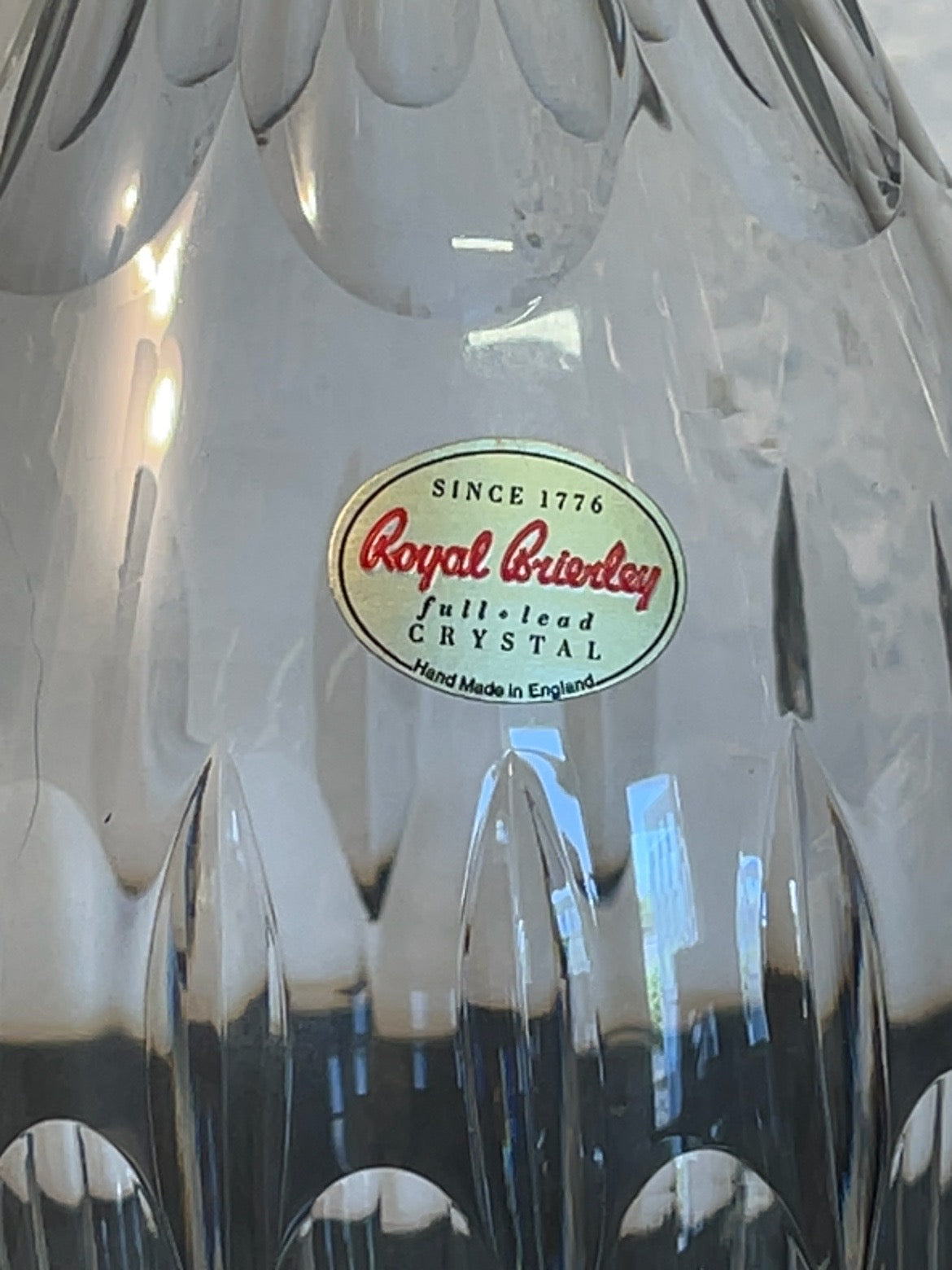 Close-up of the Royal Brierley full lead crystal maker label