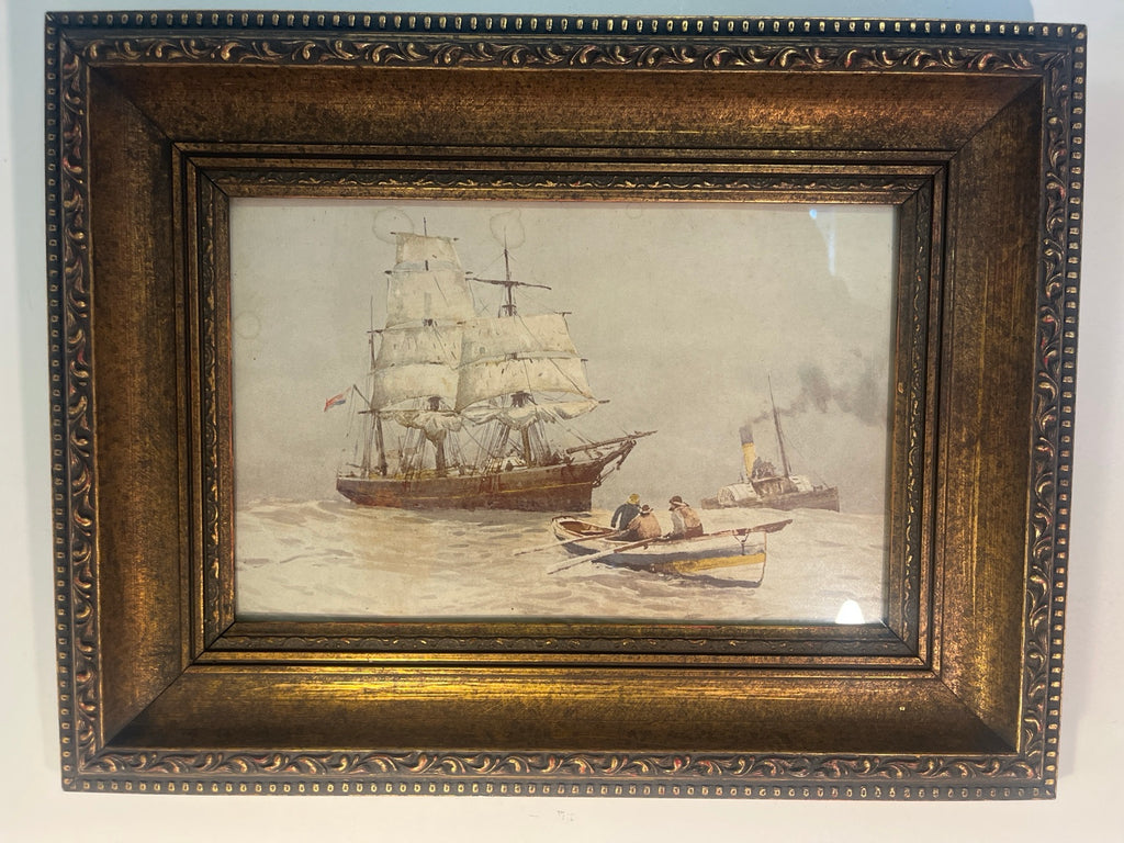 Framed three-masted merchant ship watercolour, front view