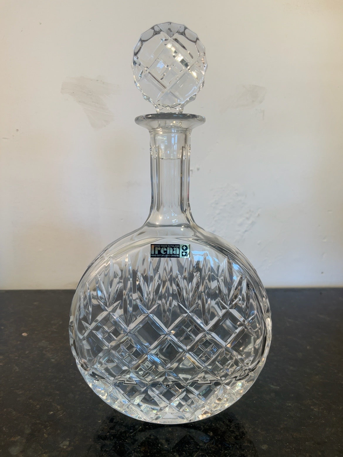 Irena decanter alternate front view showing hand cut crystal and stopper