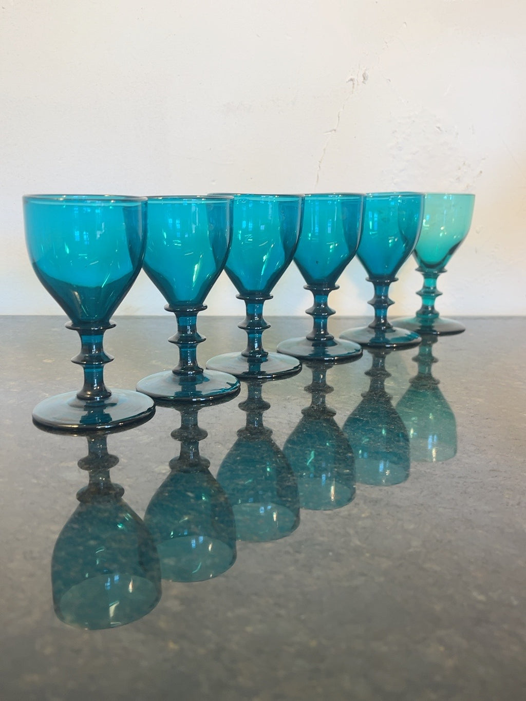 Six peacock-blue wine glasses, full set