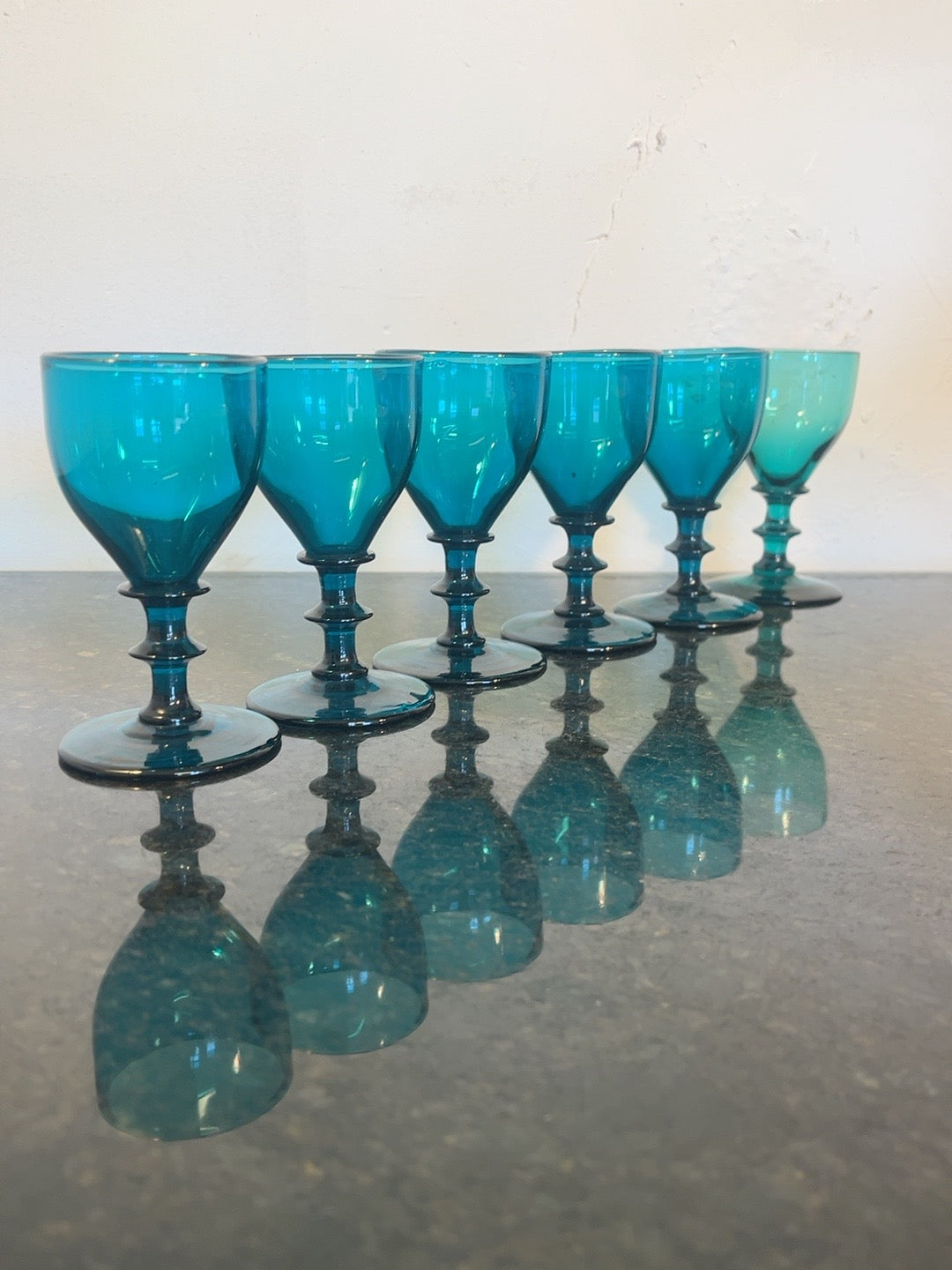 Six peacock-blue wine glasses, full set