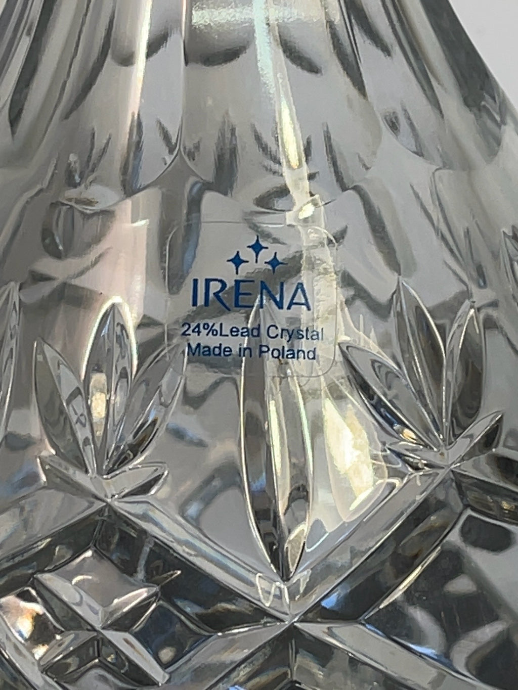 Close-up of Irena 24 percent lead crystal maker mark
